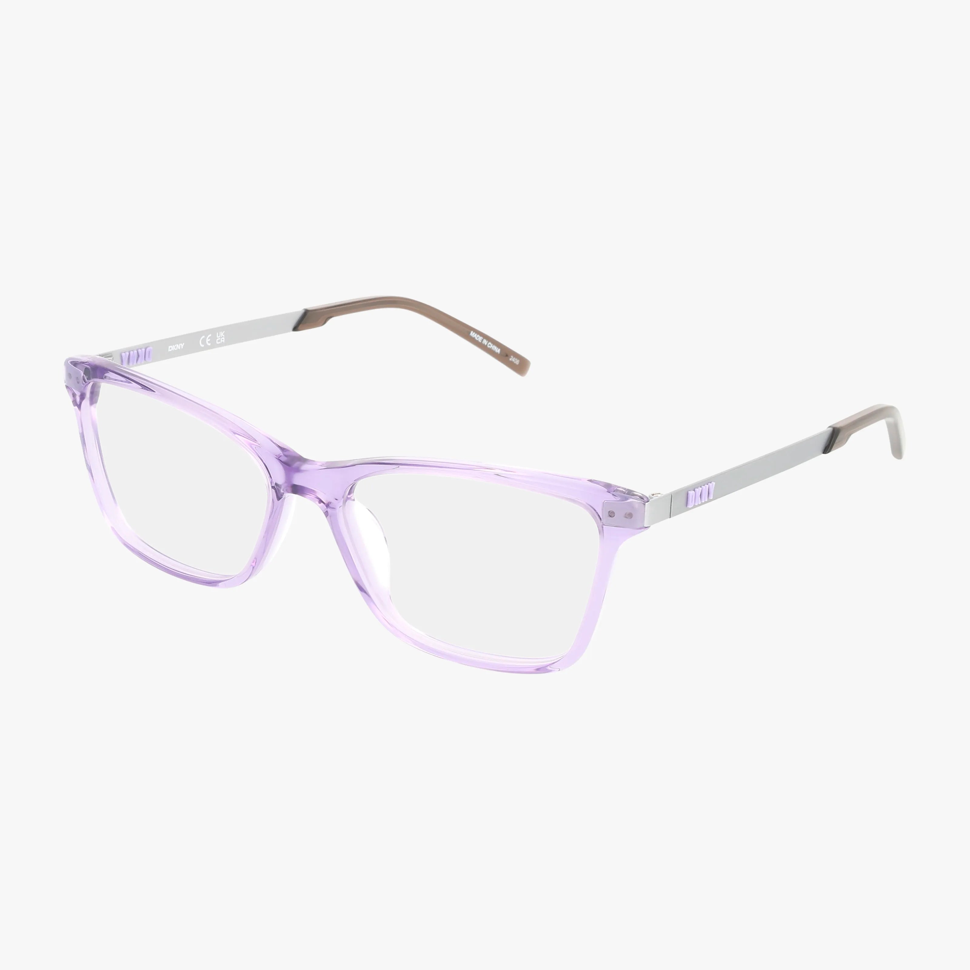 The DK7013 features clear eyeglass frames with translucent light purple fronts, silver metal arms, and taupe tips for a secure fit, displayed on a white background.
