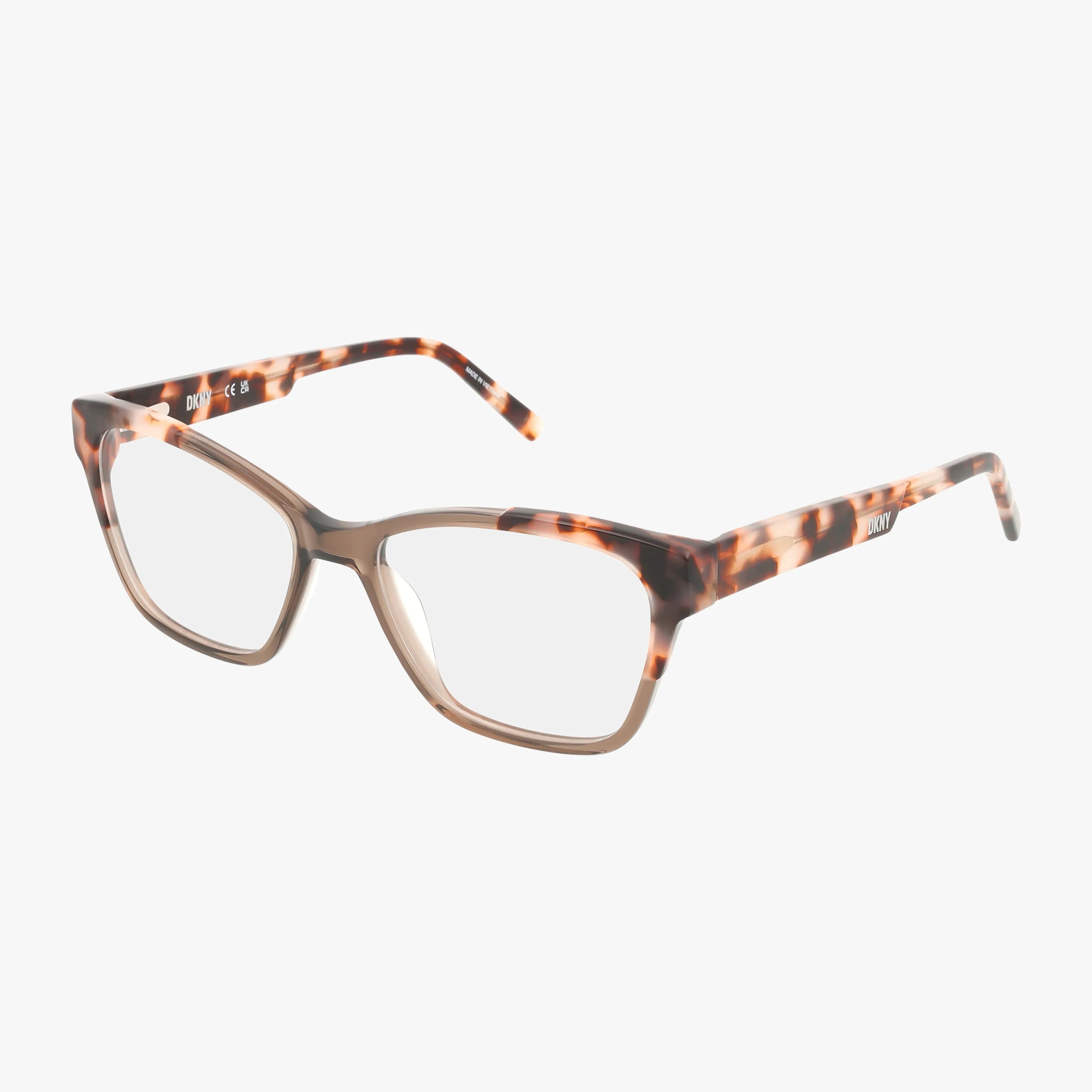 The DK5072 eyeglasses feature a modern, lightweight square frame in brown and amber tortoiseshell, offering distinct style and functionality. Displayed on a white background.