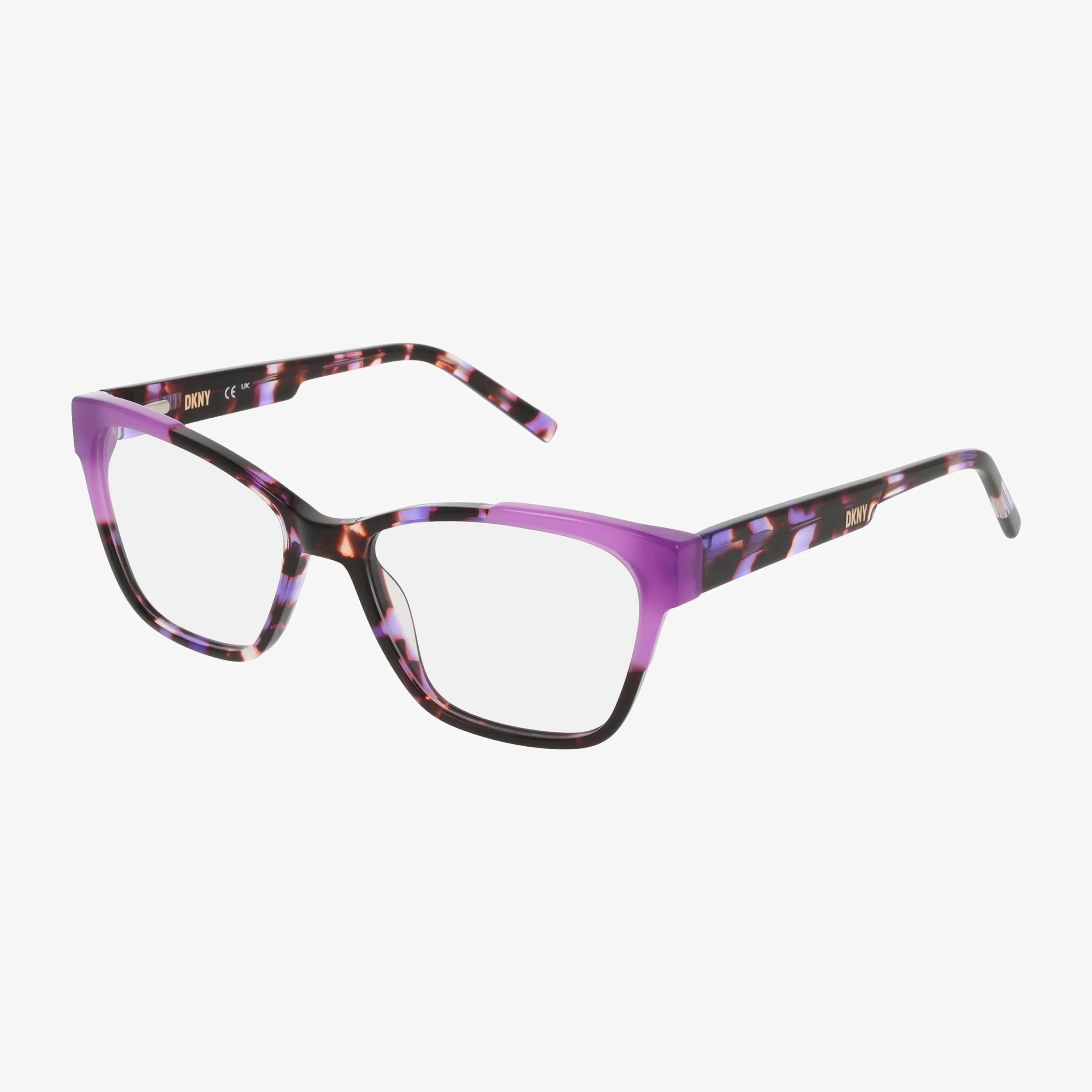 The DK5072 eyeglasses feature rectangular lenses with a purple gradient front and tortoiseshell-patterned temples in shades of purple, black, and brown for a striking blend of style and function.