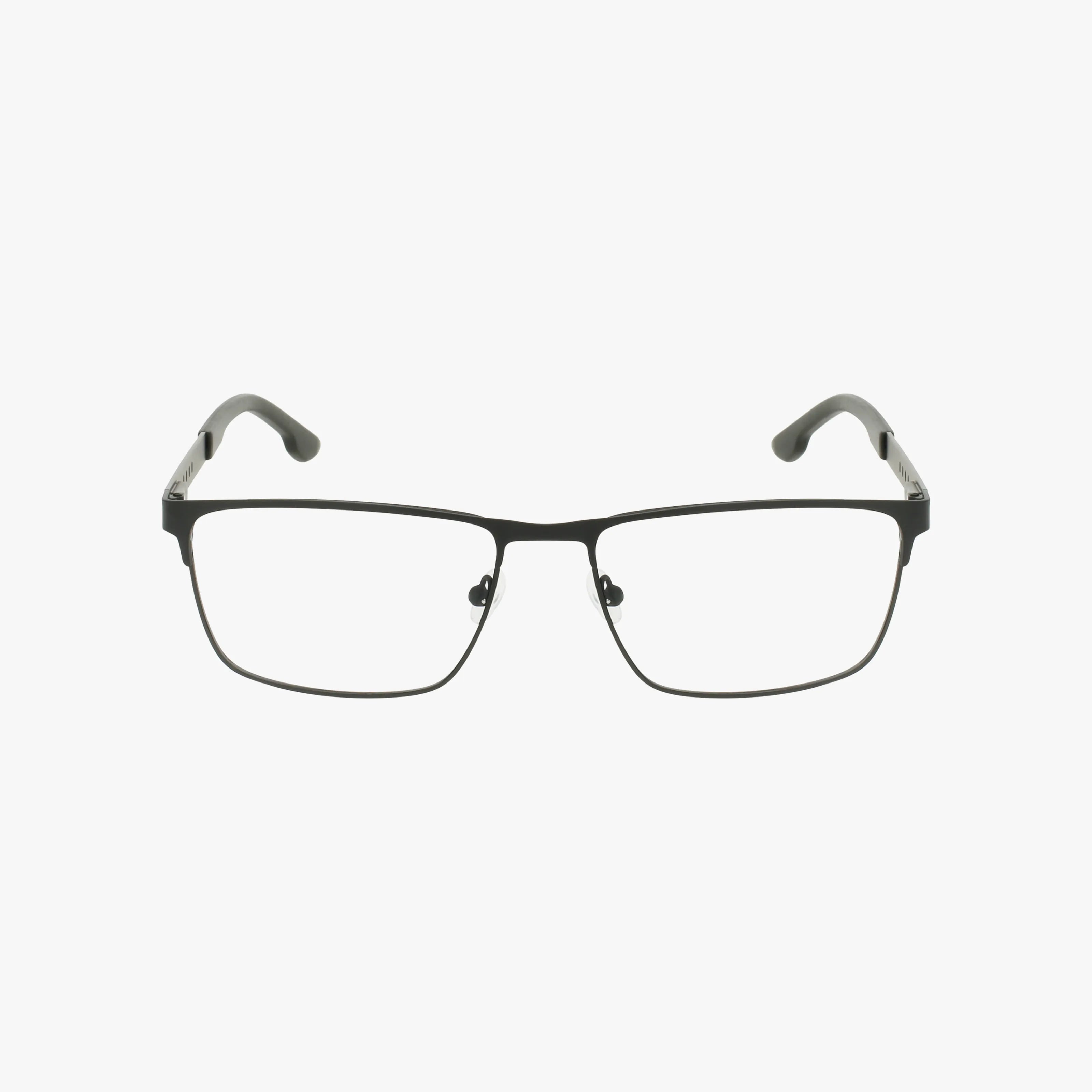 The C3050 is a pair of rectangular black metal eyeglasses with clear lenses, adjustable nose pads, black curved temple arms, and quality craftsmanship, displayed on a plain white background.