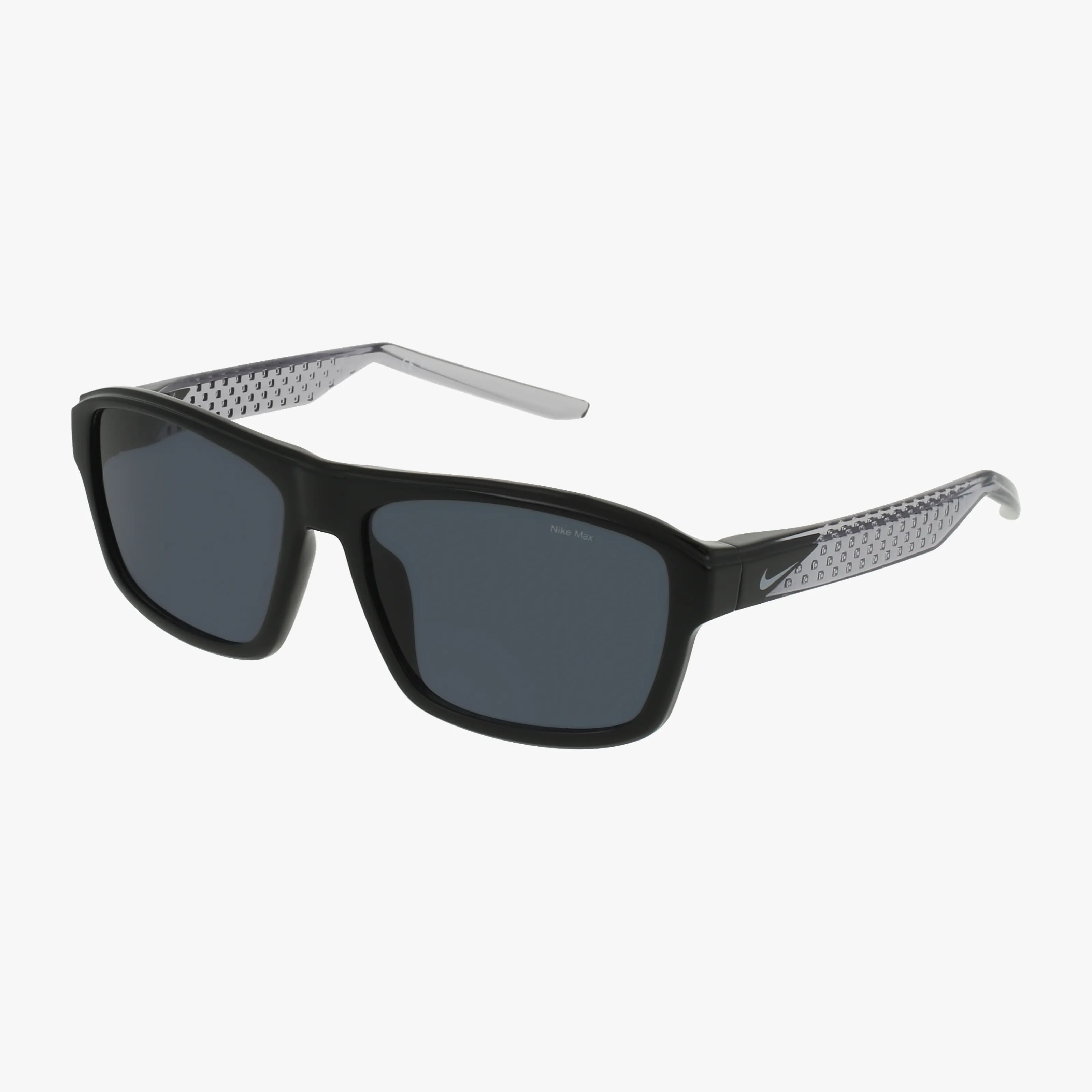 NIKE LIVEFREE TEMPO EV24044 features black rectangular sunglasses with dark lenses and translucent gray patterned arms, shown on a white background.