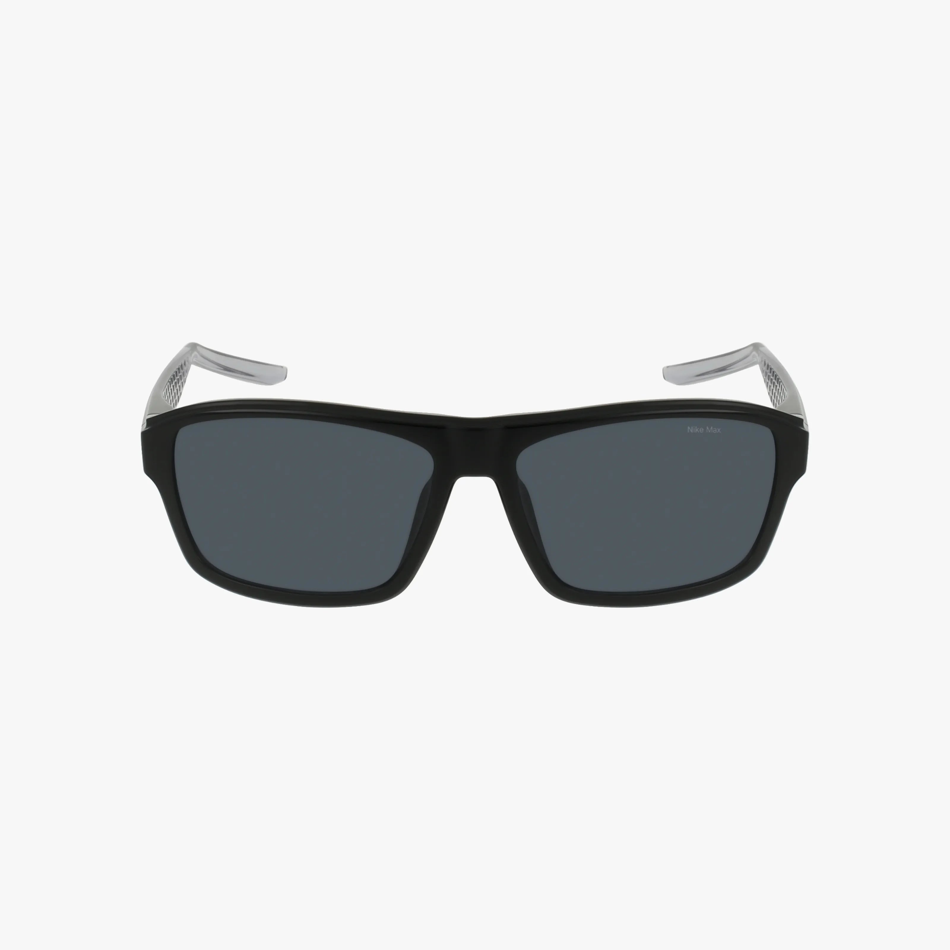 A pair of black rectangular NIKE LIVEFREE TEMPO EV24044 sunglasses with dark lenses and transparent ear pieces is displayed against a white background, facing forward.