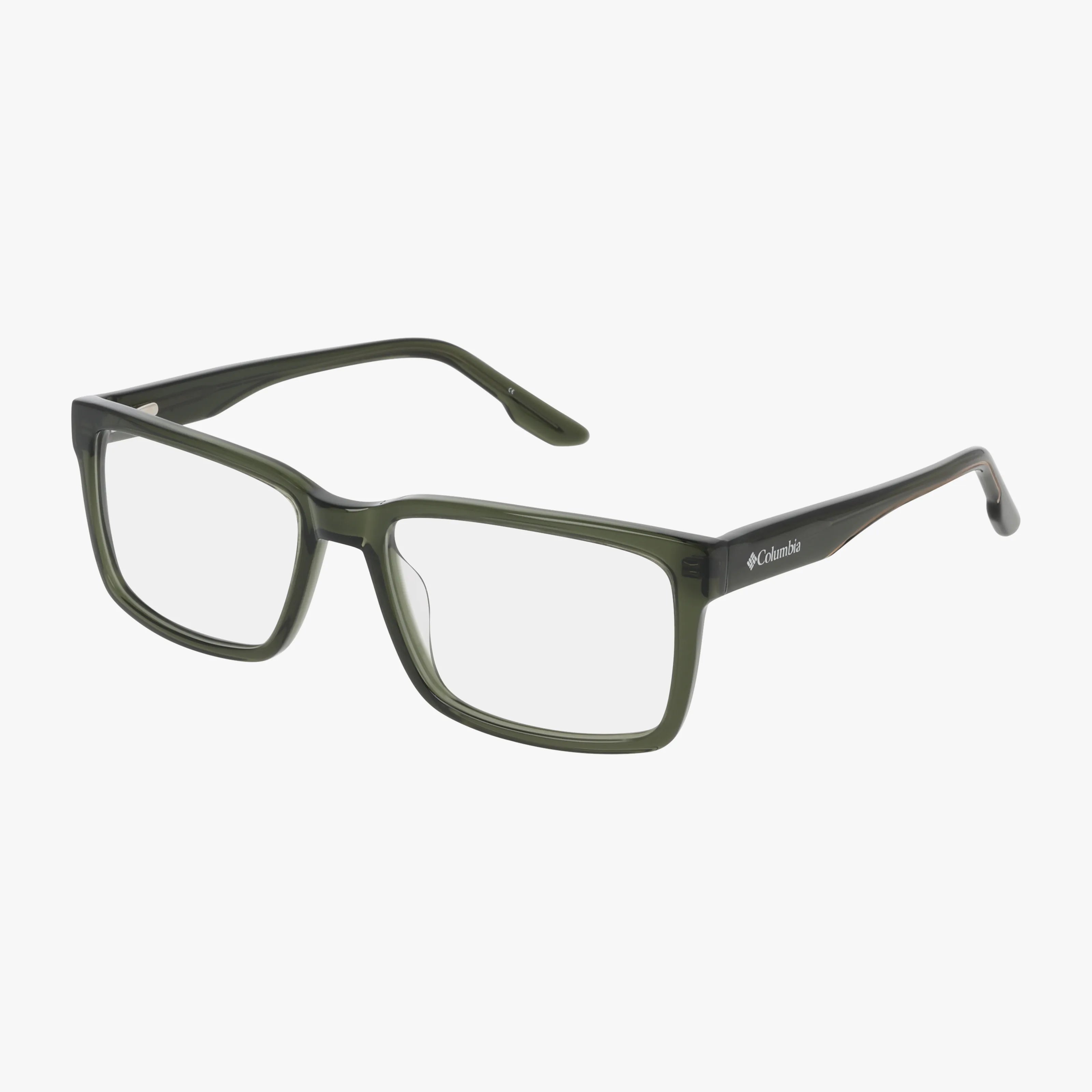 The C8060 features rectangular eyeglasses with green translucent, lightweight frames and clear lenses, shown at an angle on a white background. The left temple arm displays a small white Columbia logo.