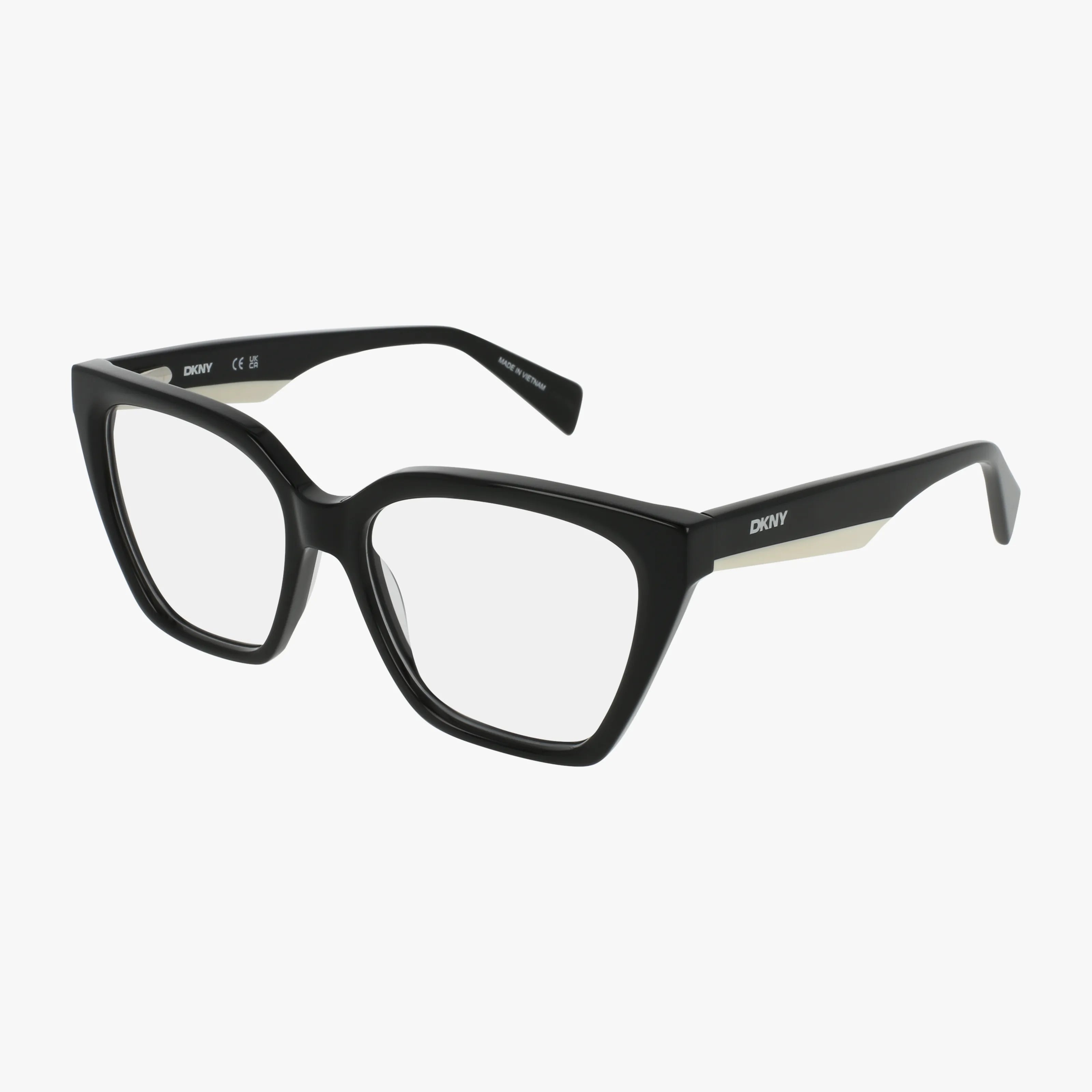 DKNY DK5094 eyeglasses feature black, thick-rimmed rectangular frames with clear lenses, a polished finish, subtle metal accents, and DKNY branding on the temples—displayed on a white background for timeless style.