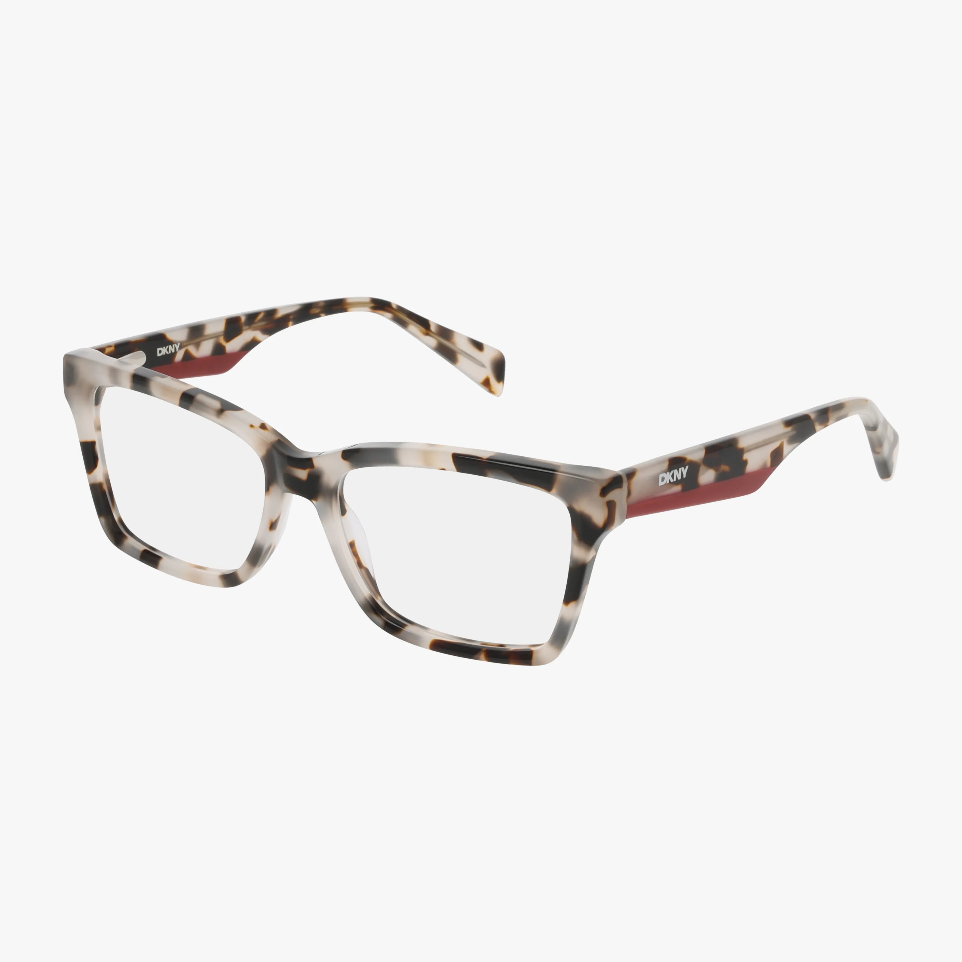 The DKNY DK5095 eyeglasses feature modern square frames in a multicolored tortoiseshell pattern with cream, brown, and black tones. Durable frames display the DKNY logo on the temples.
