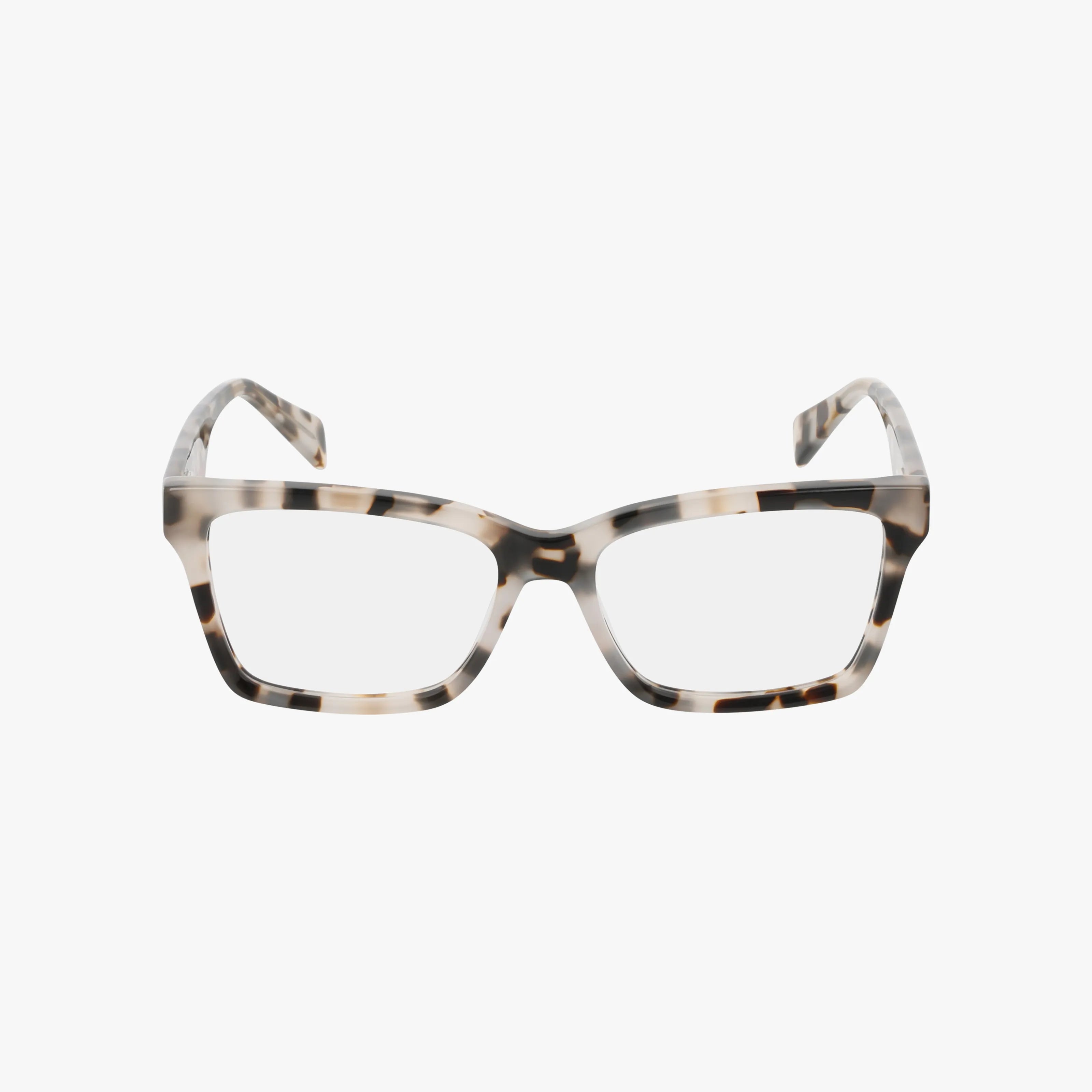 The DK5095 eyeglasses have a modern, rectangular frame with a tortoiseshell pattern in beige, brown, and black. These durable frames are shown on a white background.