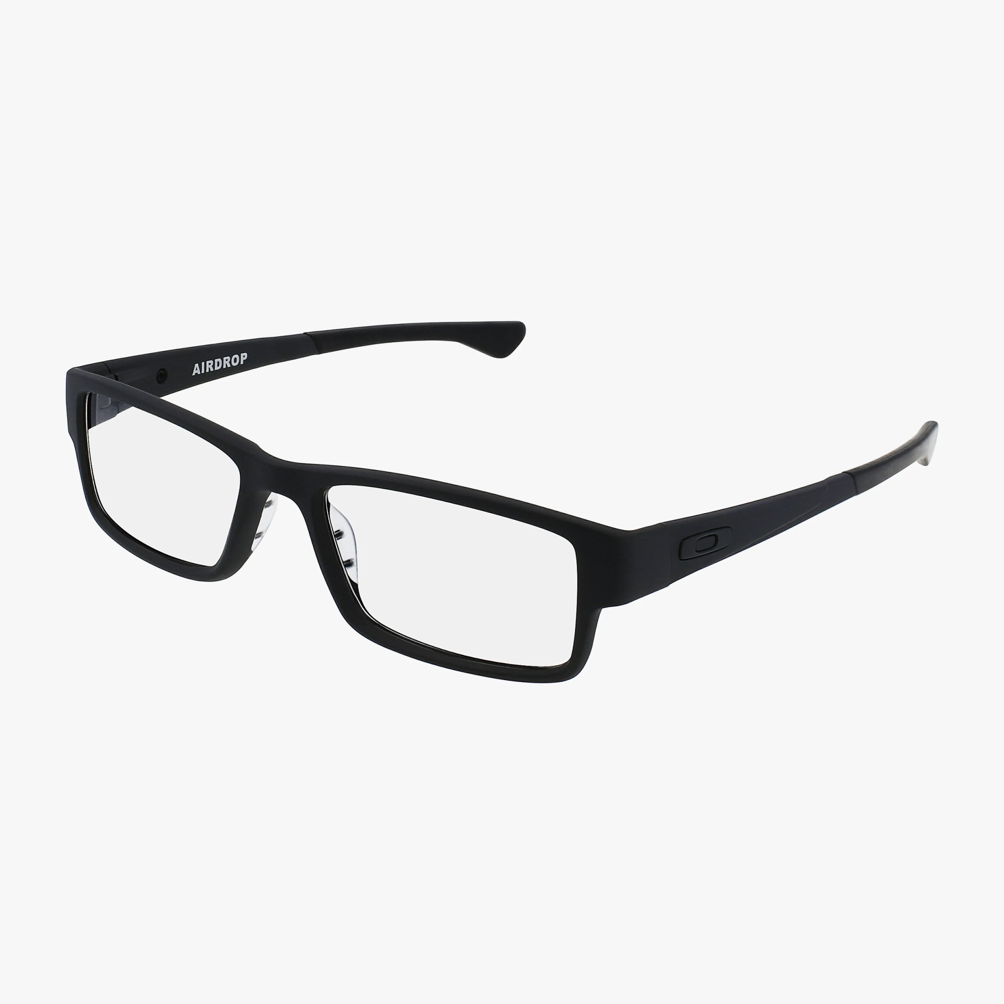 The OX8046 AIRDROP eyeglasses feature a sporty black rectangular frame with clear lenses and a subtle Oakley logo on the arms, shown against a white background.
