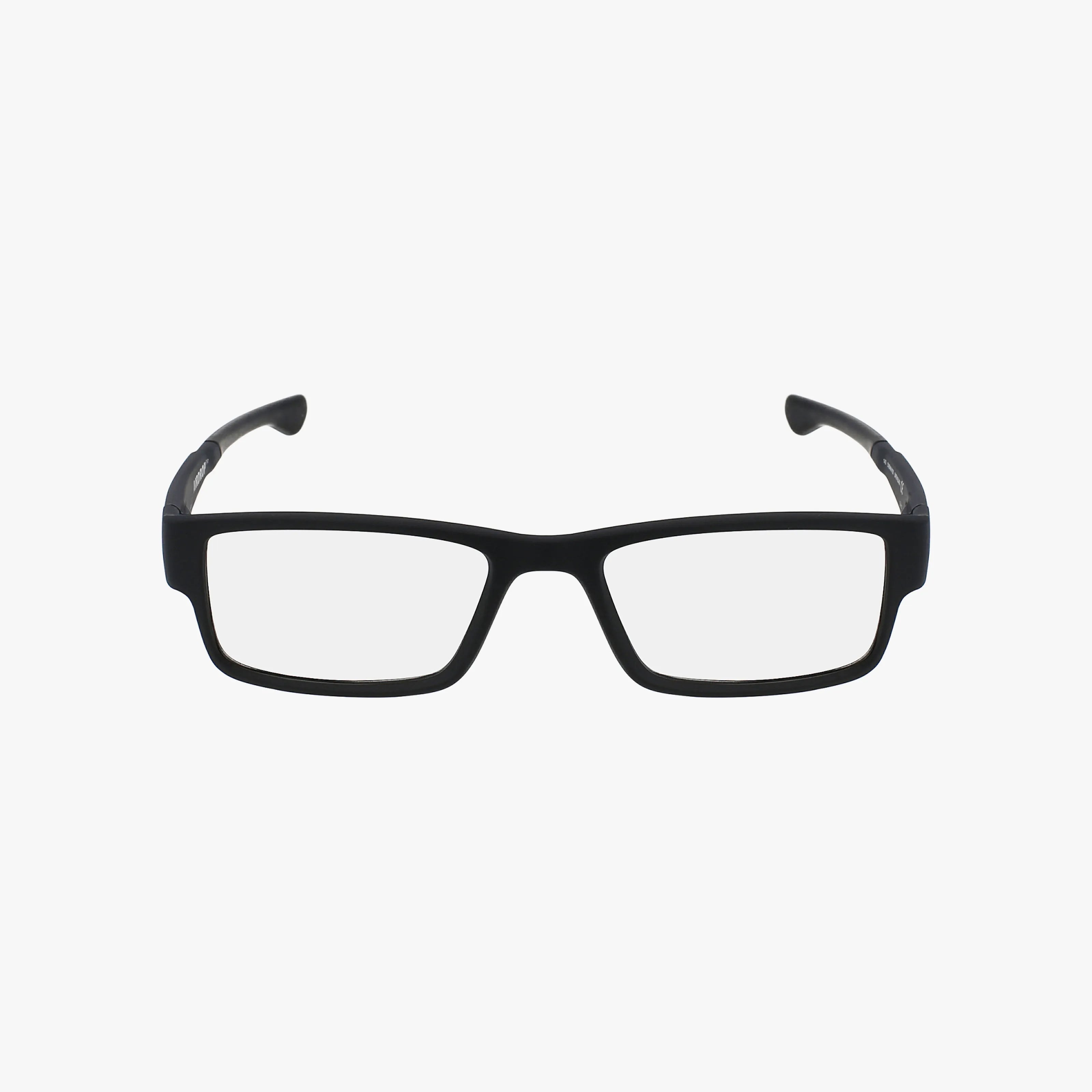 A pair of OX8046 AIRDROP black rectangular eyeglasses with clear lenses and a sporty Oakley-inspired design, displayed facing forward on a plain white background.