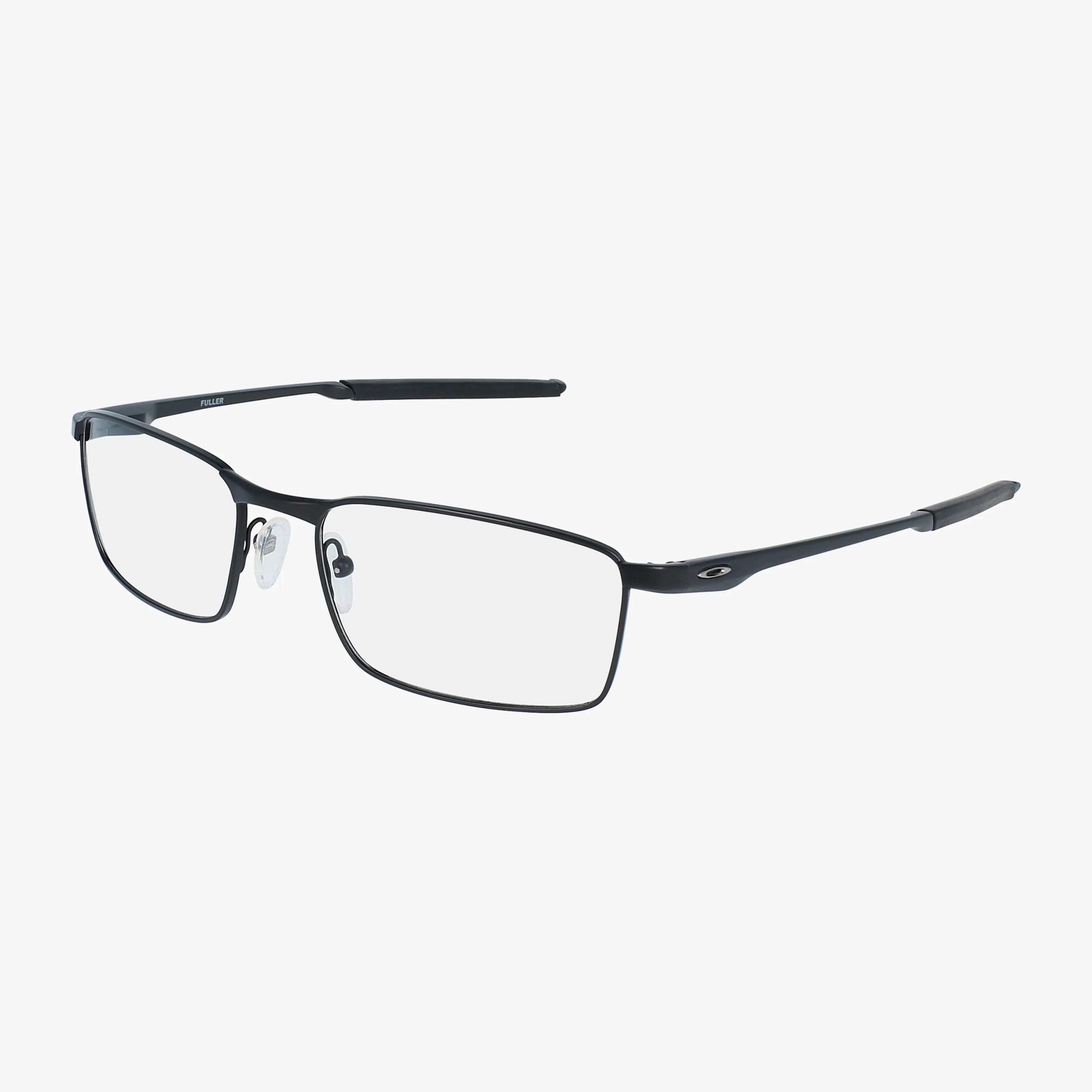 The OX3227 FULLER features rectangular black metal frames with clear lenses, adjustable nose pads, and slim arms accented by the Oakley logo. These lightweight eyeglasses deliver modern style and all-day comfort, shown against a white background.