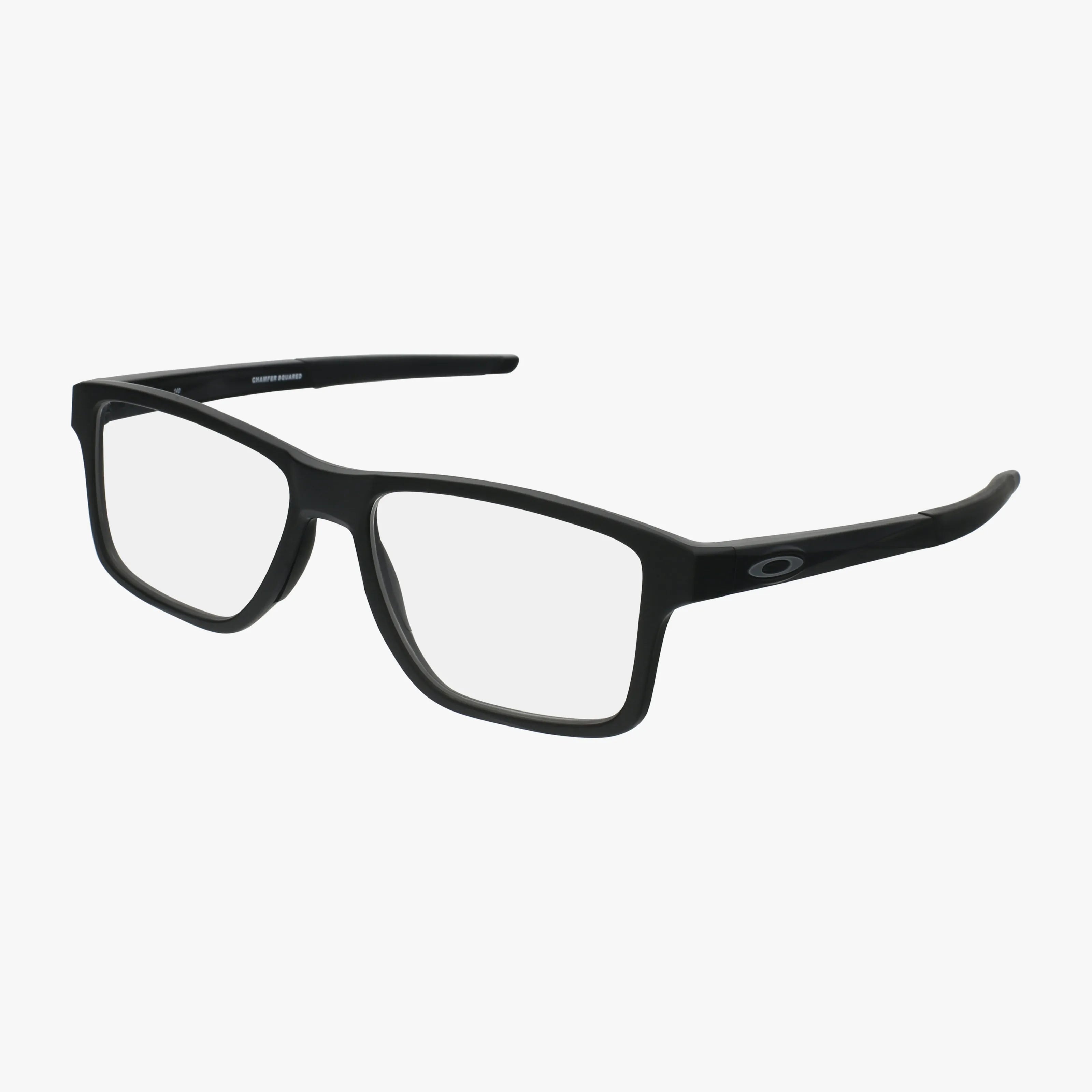 The OX8143 features black rectangular frames with clear, lightweight lenses and a subtle Oakley logo on the temple, displayed on a white background.