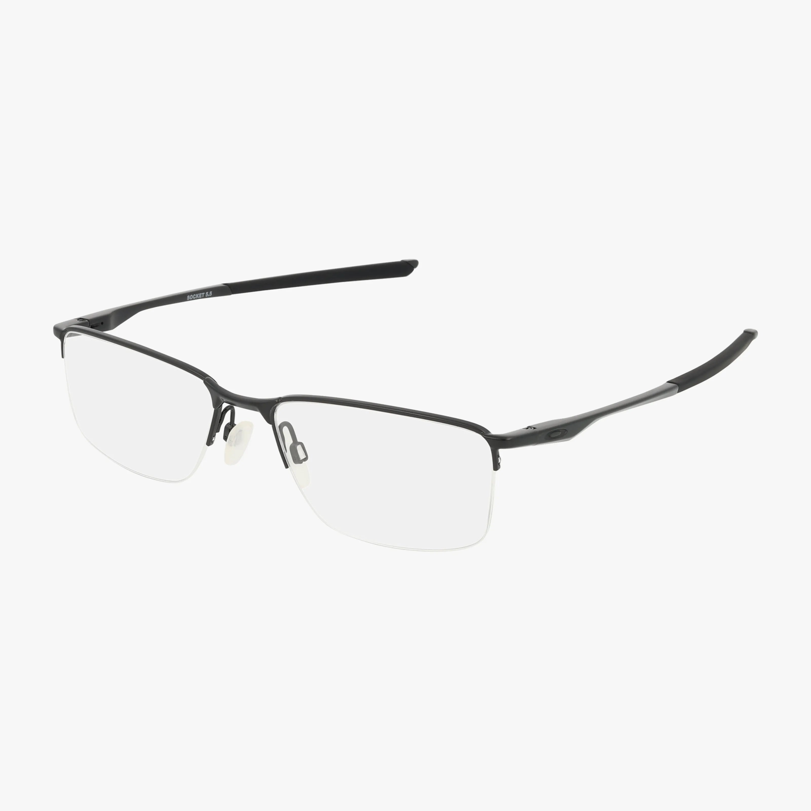 The OX3218 SOCKET 5.5 are black, rectangular rimless glasses with thin frames and clear nose pads, shown on a white background.