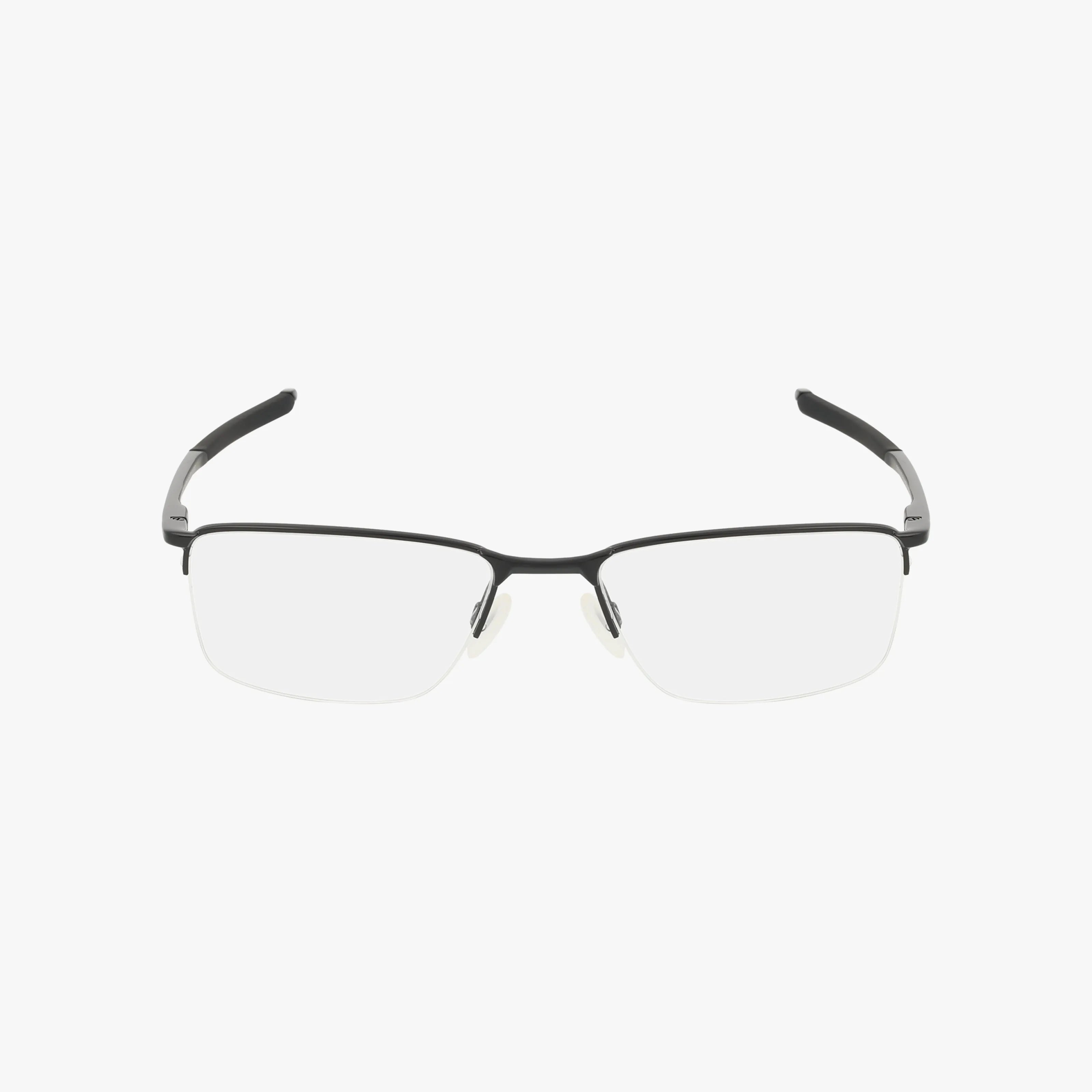 The OX3218 SOCKET 5.5 eyeglasses feature a black, rectangular rimless design with clear lenses and black temple arms, ideal for anyone seeking lightweight glasses or shopping online.