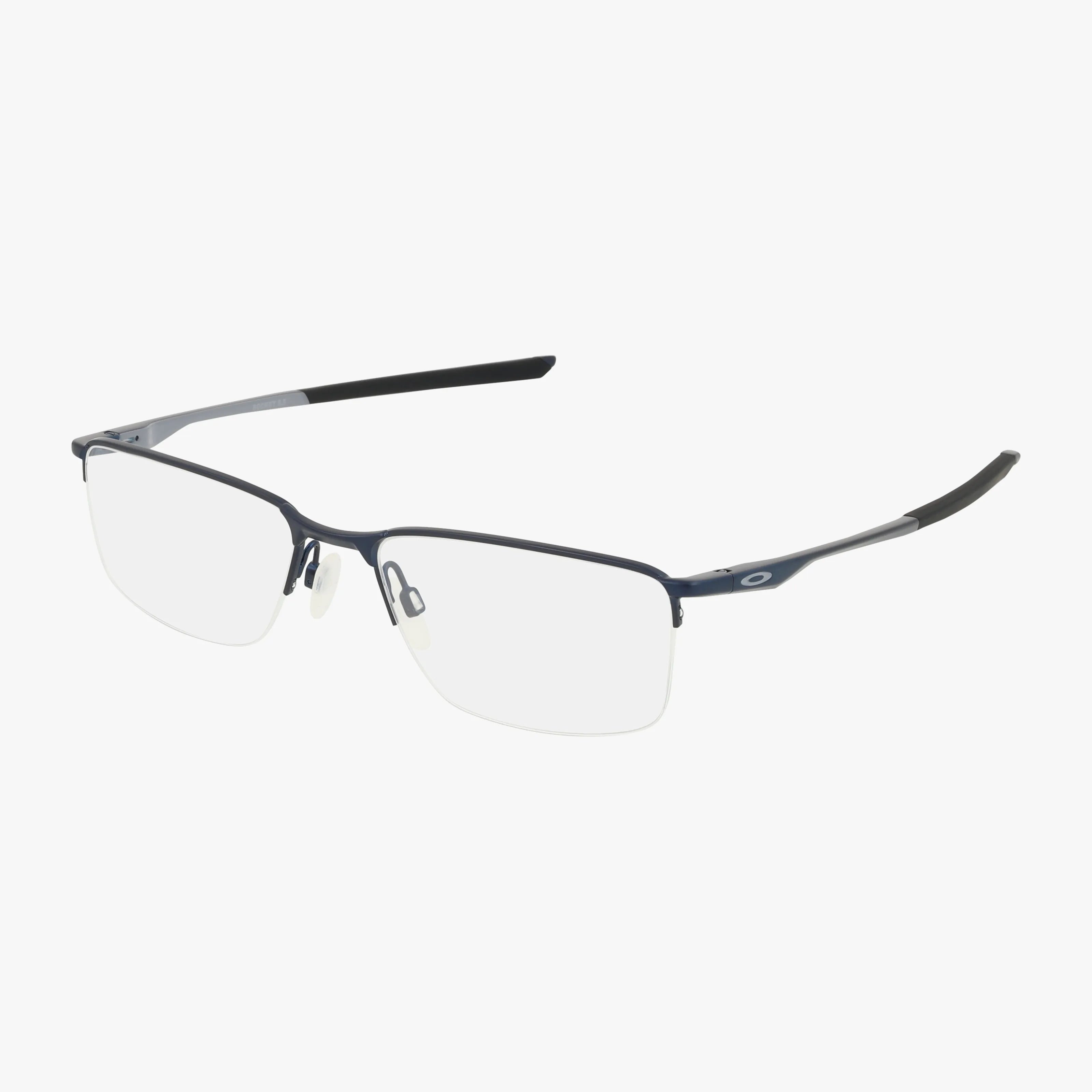 The OX3218 features semi-rimless, elegant eyewear with thin dark blue metal frames, black temple arms, and clear nose pads, displayed on a white background.