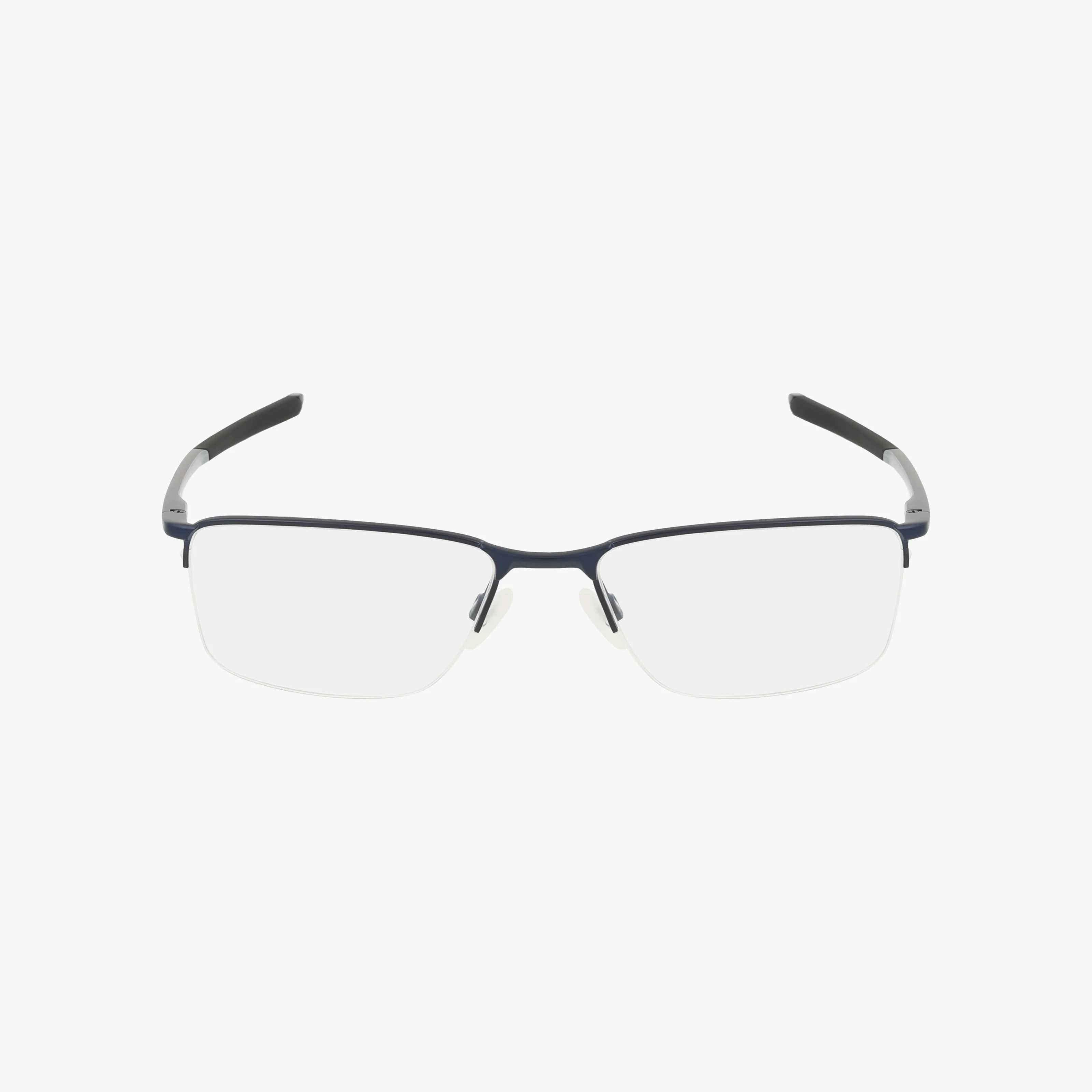The OX3218 eyeglasses are rectangular and semi-rimless with a refined frame, thin black rims, and clear lenses, shown against a plain white background.