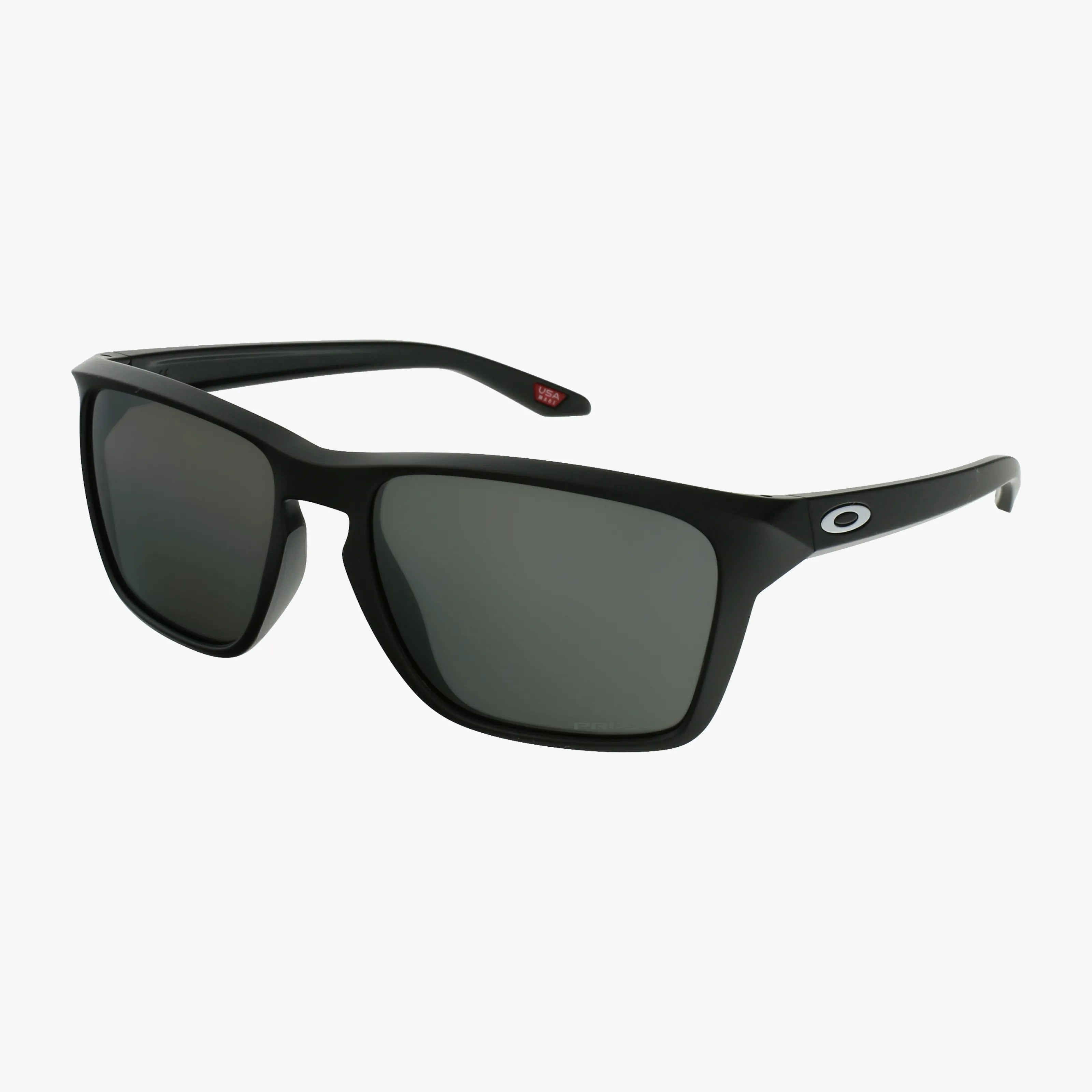 A pair of OO9448 SILVER STEALTH sunglasses in black with dark lenses and a white O logo on the temple, shown on a white background for a sleek, modern look.
