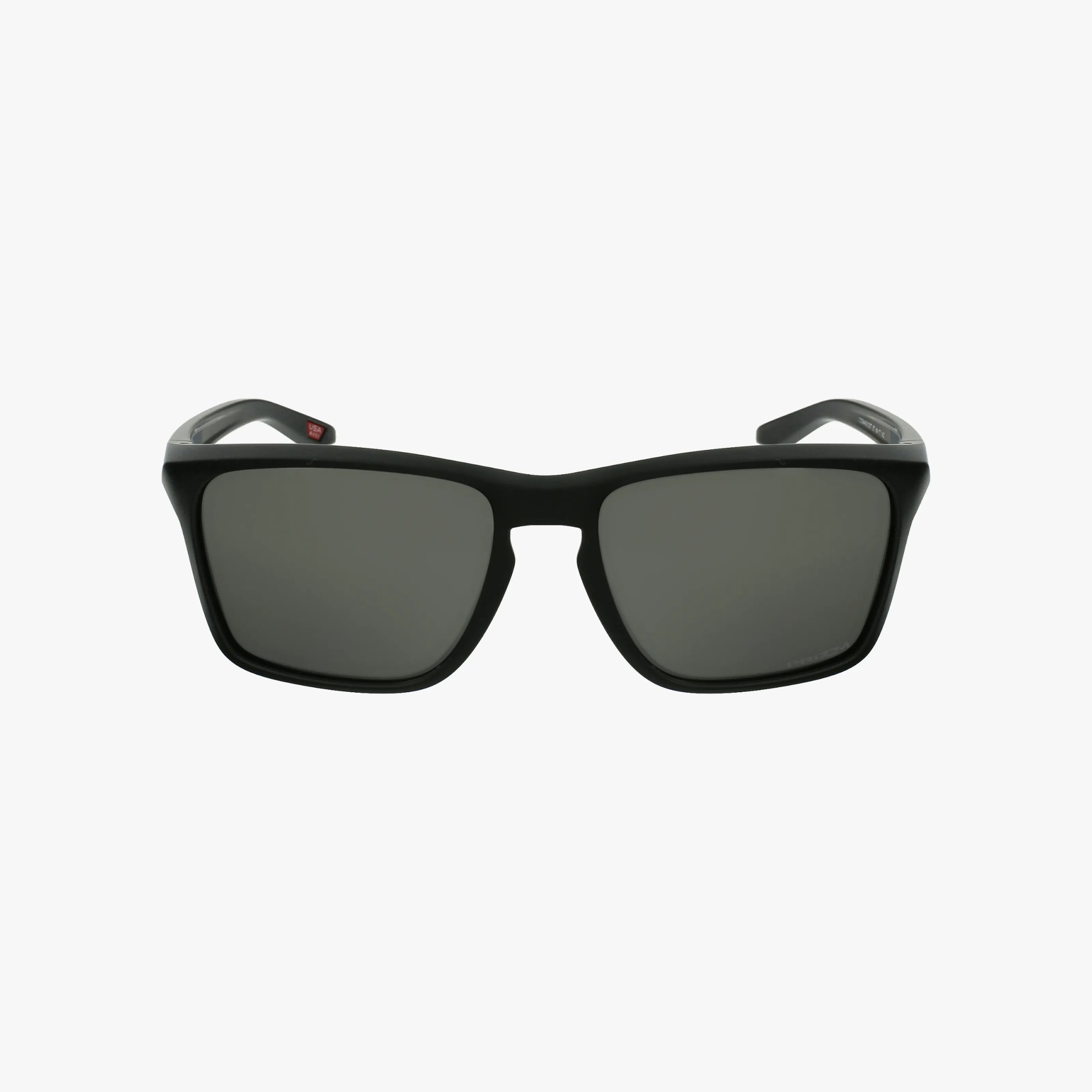 A pair of OO9448 SILVER STEALTH frames with dark lenses, shown facing forward on a white background, exemplify cutting-edge style in sunglasses.