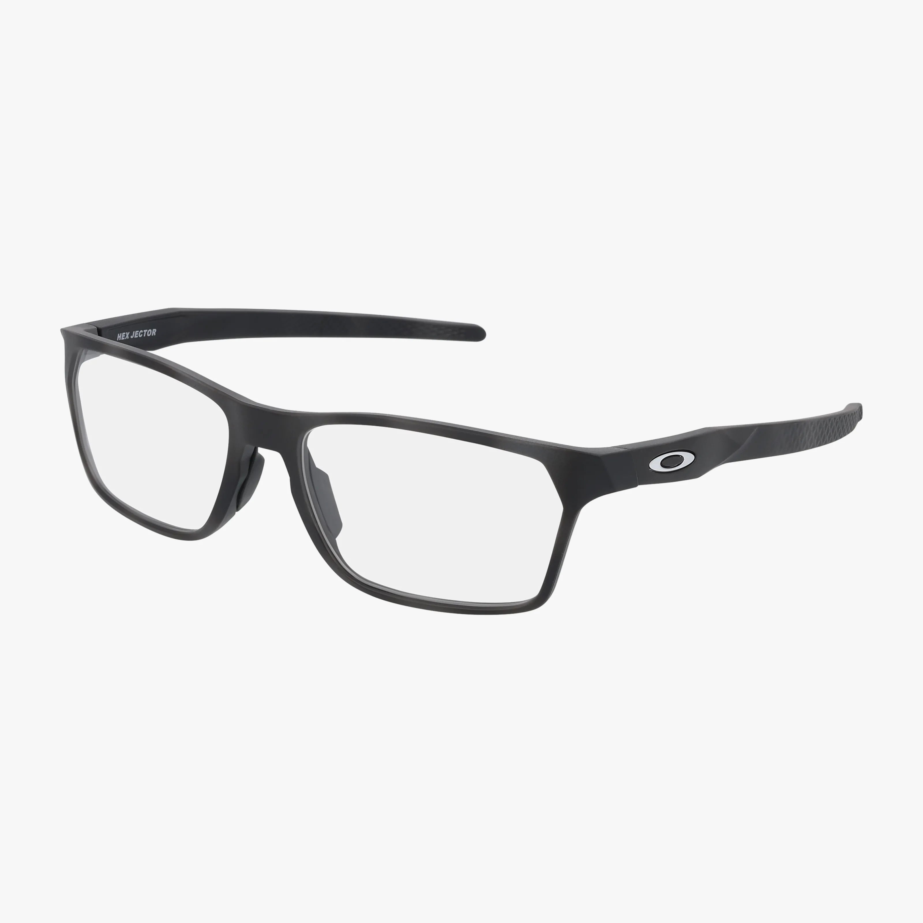 The OX8032 HEX JECTOR features black rectangular frames with clear lenses, a subtle Oakley O logo on the temple, lightweight matte design, and slightly curved arms for comfortable daily wear.