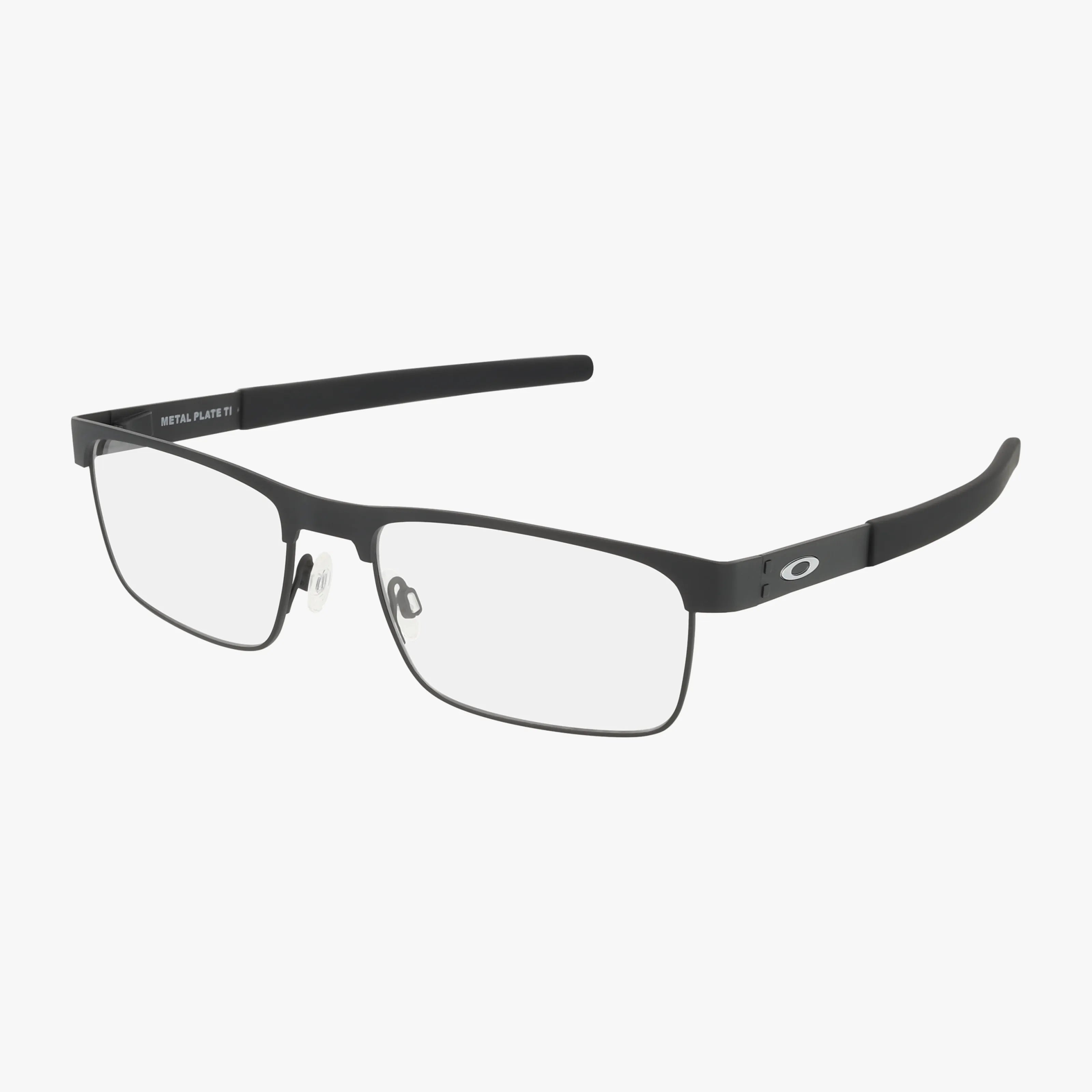 The OX5153 METAL PLATE TI eyeglasses feature a black, rectangular lightweight metal frame, clear lenses, adjustable nose pads, and a small Oakley logo on the arm, shown against a white background.
