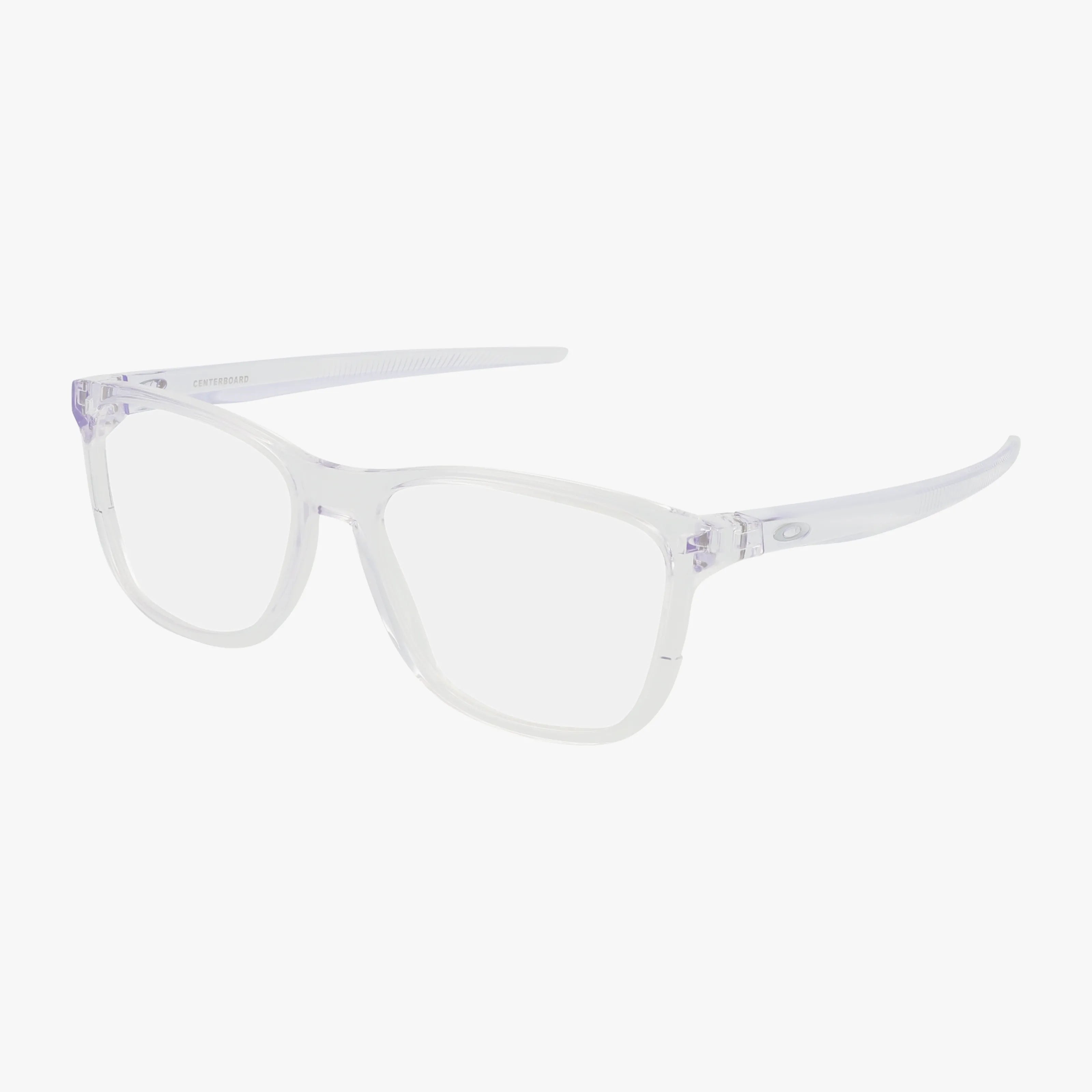 The OX8163 CENTERBOARD features clear plastic eyeglasses with a polished frame, rectangular lenses, and slightly curved arms, displayed on a white background.