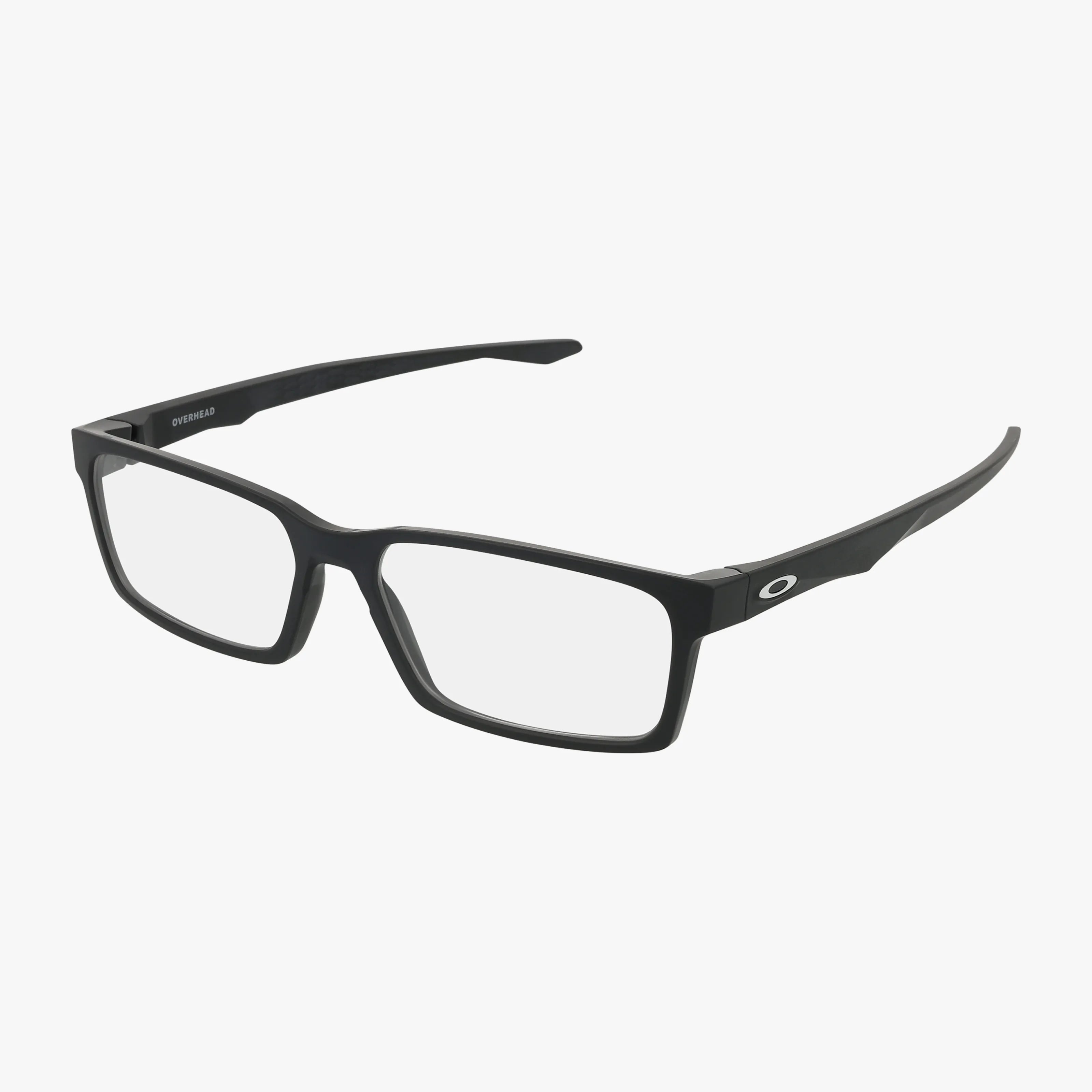 The OX8060 OVERHEAD is a pair of black rectangular eyeglasses with a sturdy frame, clear lenses, slightly curved arms, and a small white oval logo on the temples, shown against a plain white background.