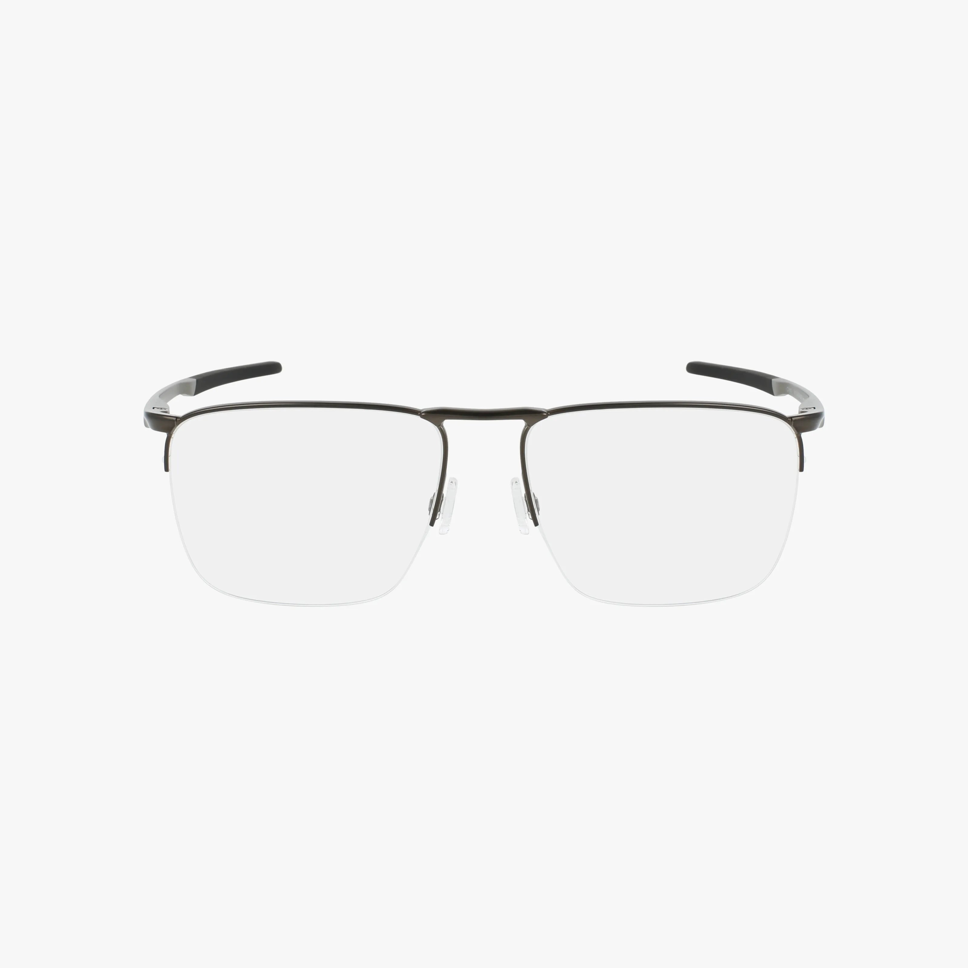 The OX3026 is a pair of semi-rimless eyeglasses with a sleek black metal frame and clear lenses, offering a well-balanced design, displayed against a white background.