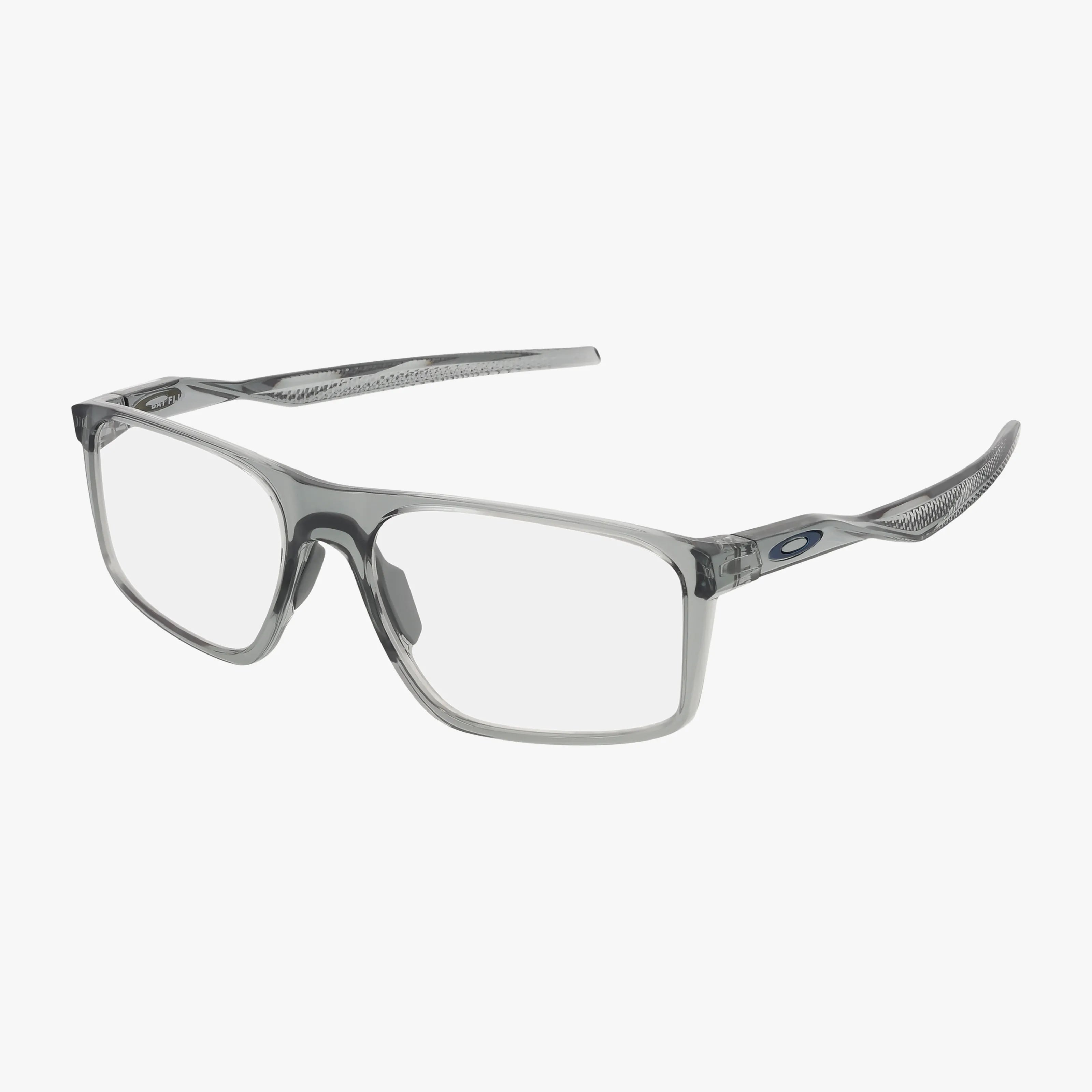 The OX8183 BAT FLIP features clear rectangular lenses, a durable frame, and transparent gray textured arms with a subtle Oakley logo near the hinges, shown on a white background.