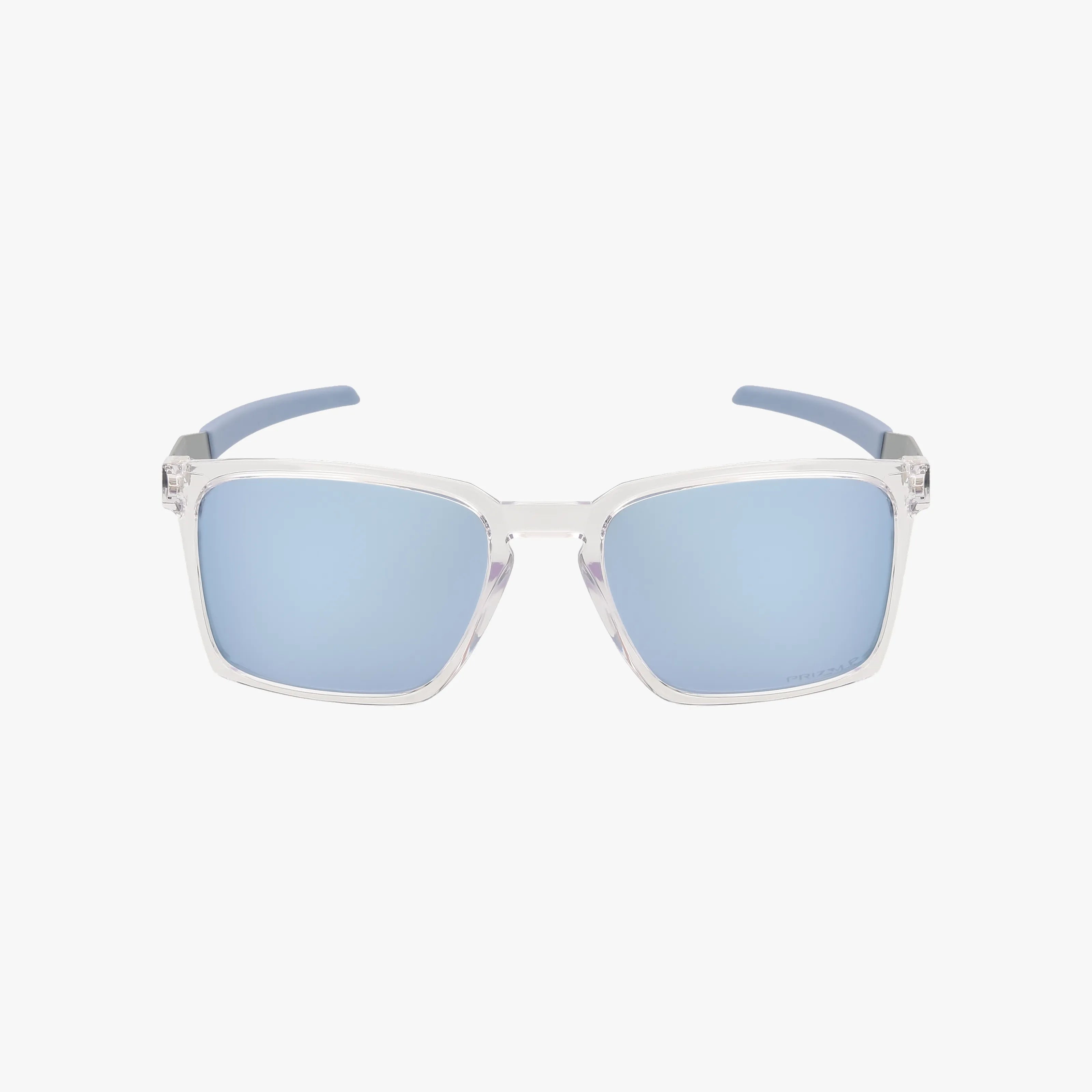 Front view of the OO9483 EXCHANGE SUN sunglasses with clear rectangular frames and light blue mirrored lenses, ideal for outdoor adventures, displayed against a plain white background.