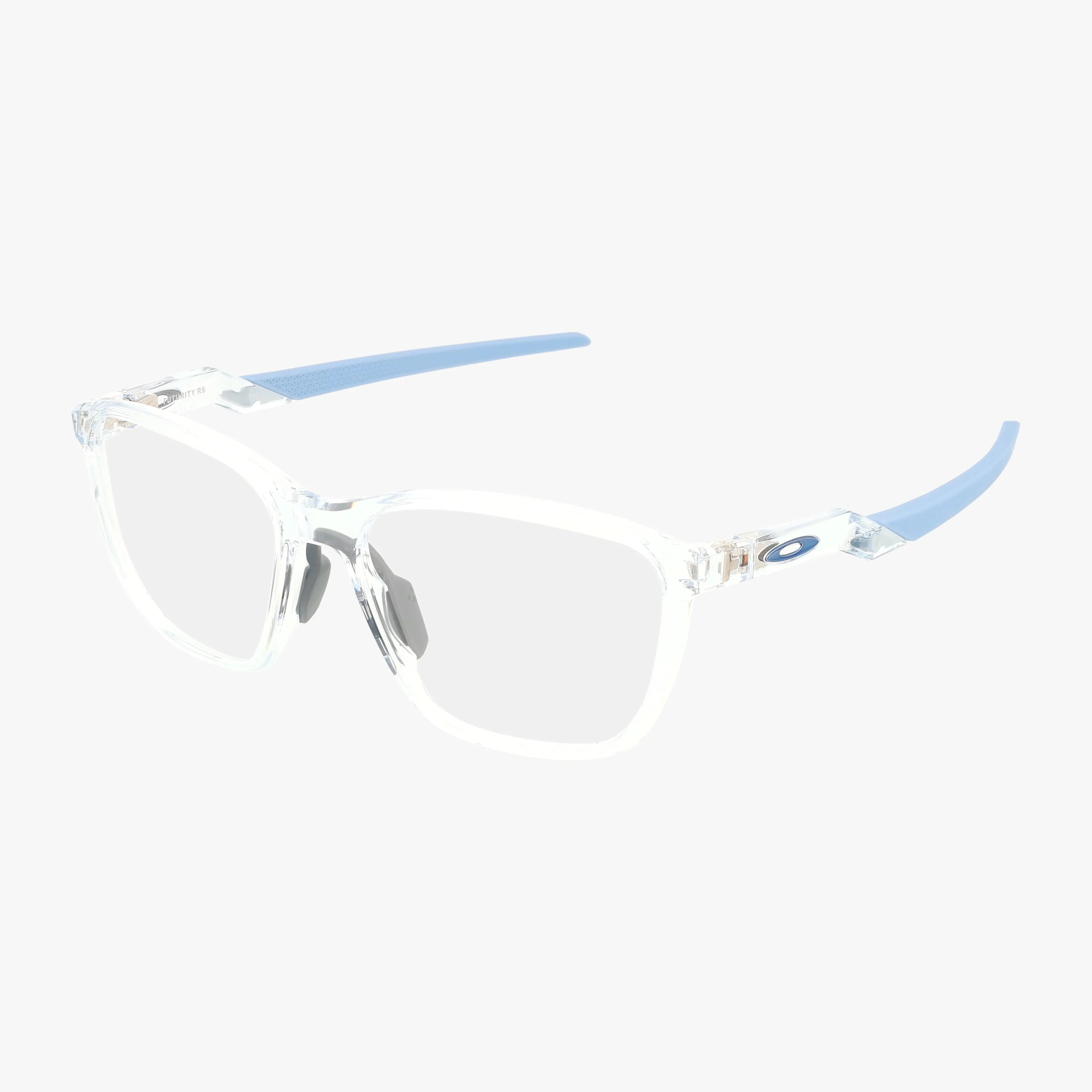 The OX8186 FUTURITY RS features clear square lenses, transparent frames, and light blue arms with the Oakley logo on the temple. This modern eyeglass frame stands out against a plain white background.