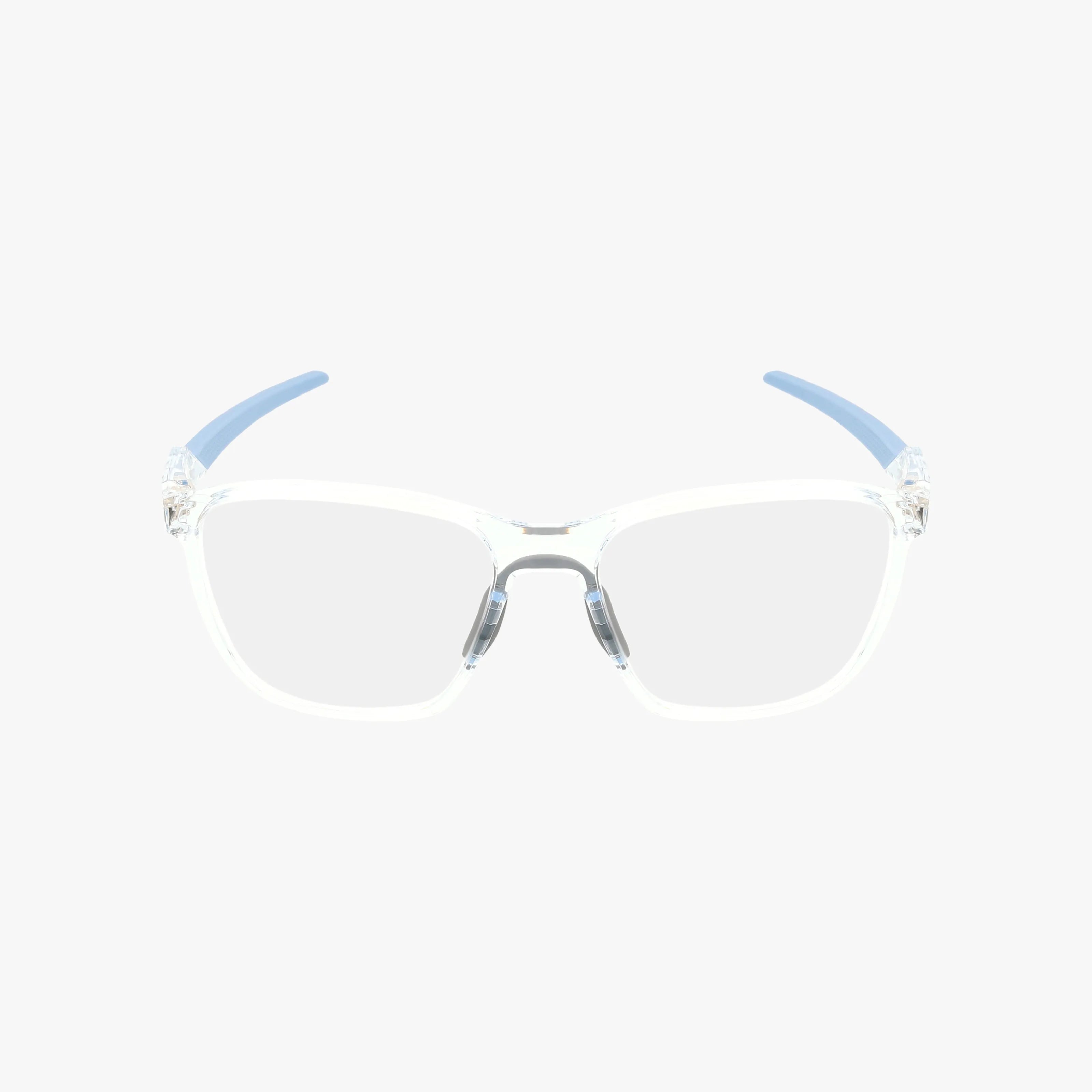 The OX8186 FUTURITY RS features clear rectangular lenses and a modern frame with transparent fronts and light blue temple arms, displayed on a plain white background.