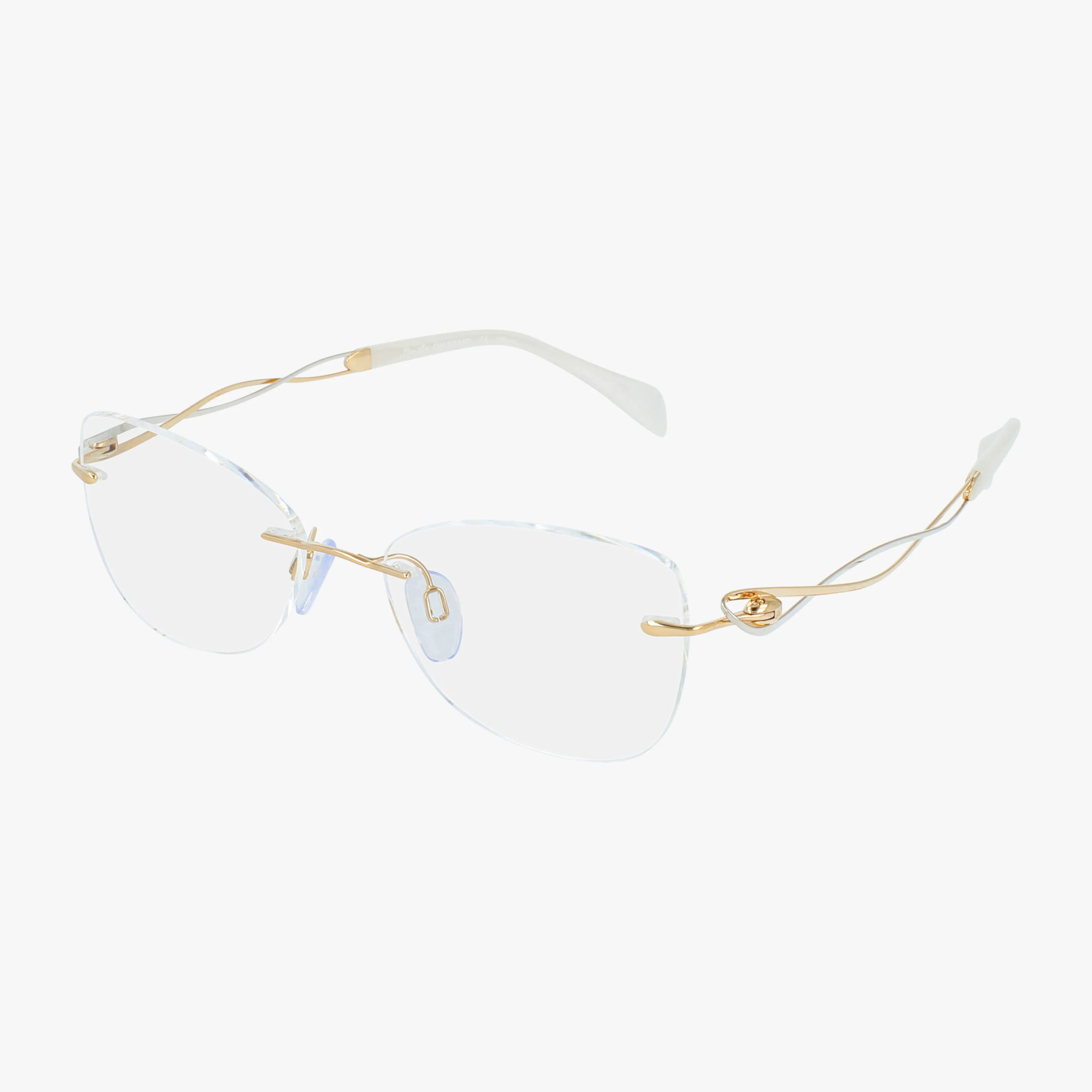 The XL2147 rimless eyeglasses feature clear lenses, a modern frame with gold metal wavy temples, adjustable nose pads, and white temple tips, displayed against a white background.