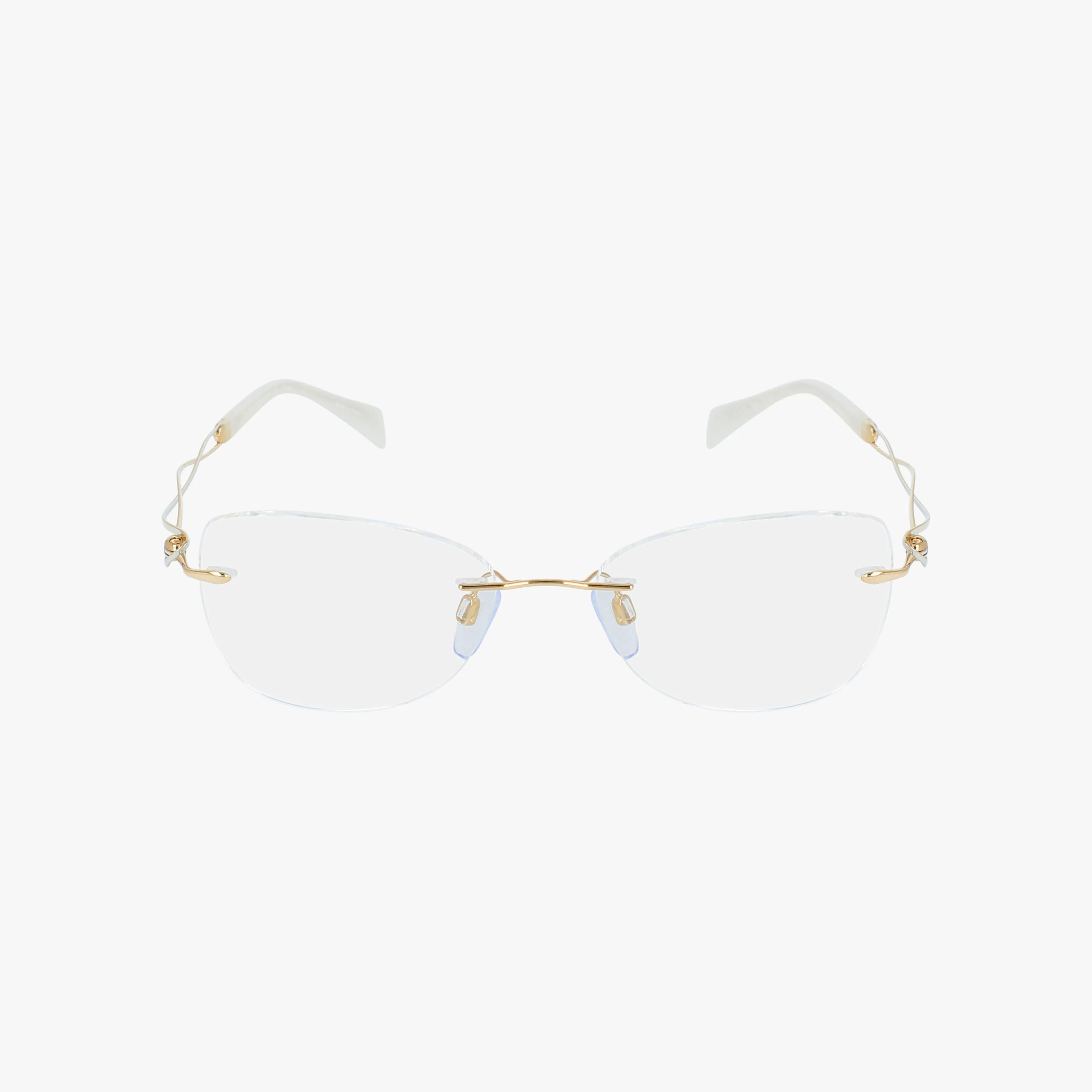 The XL2147 is a pair of rimless eyeglasses with a gold metal bridge and arms, white plastic temple tips, and a modern frame design, shown against a white background.