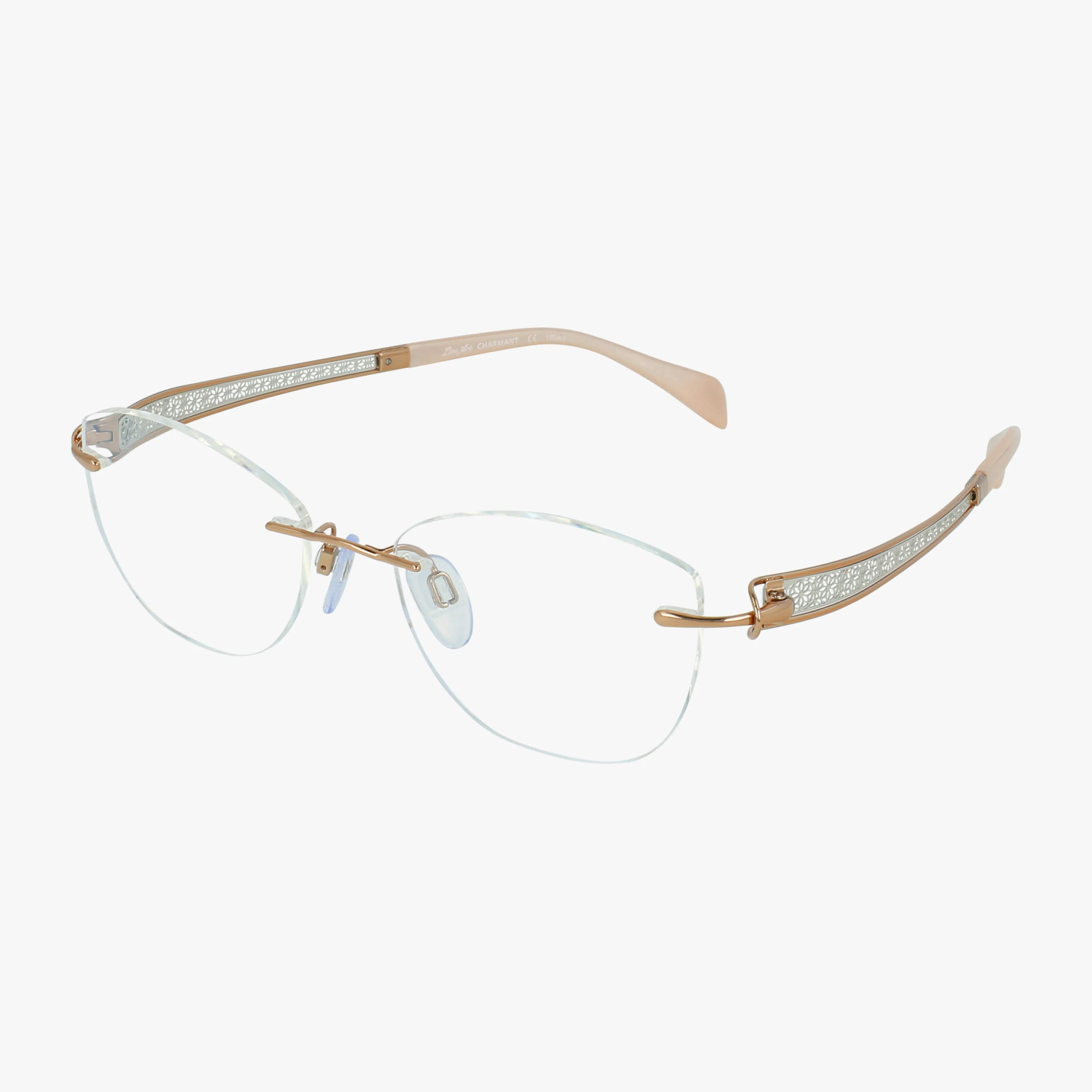 The XL2151 features rose gold rimless eyeglasses with clear lenses and decorative arms adorned with sparkling crystals. This lightweight frame has adjustable nose pads, making it perfect for everyday wear.