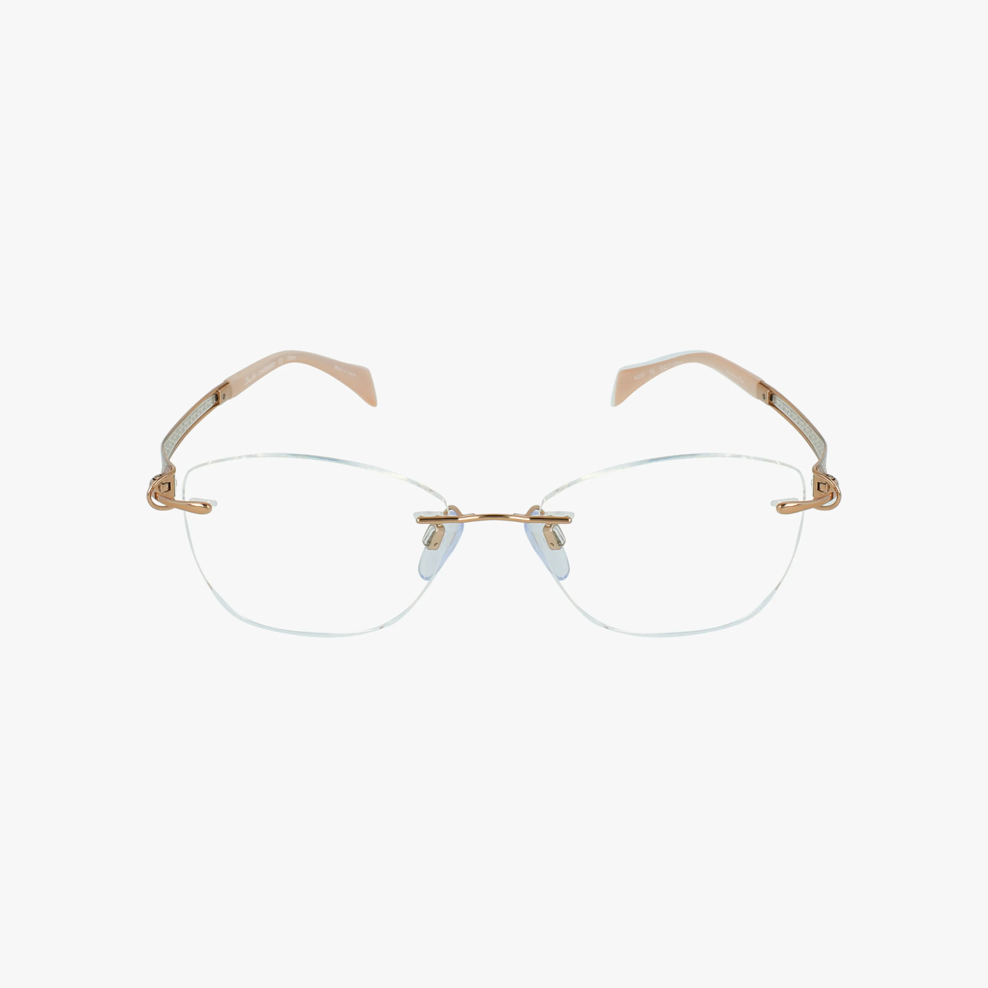 XL2151 rimless eyeglasses feature gold metal arms, clear nose pads, and a lightweight frame for all-day comfort. Shown on a white background, facing forward.