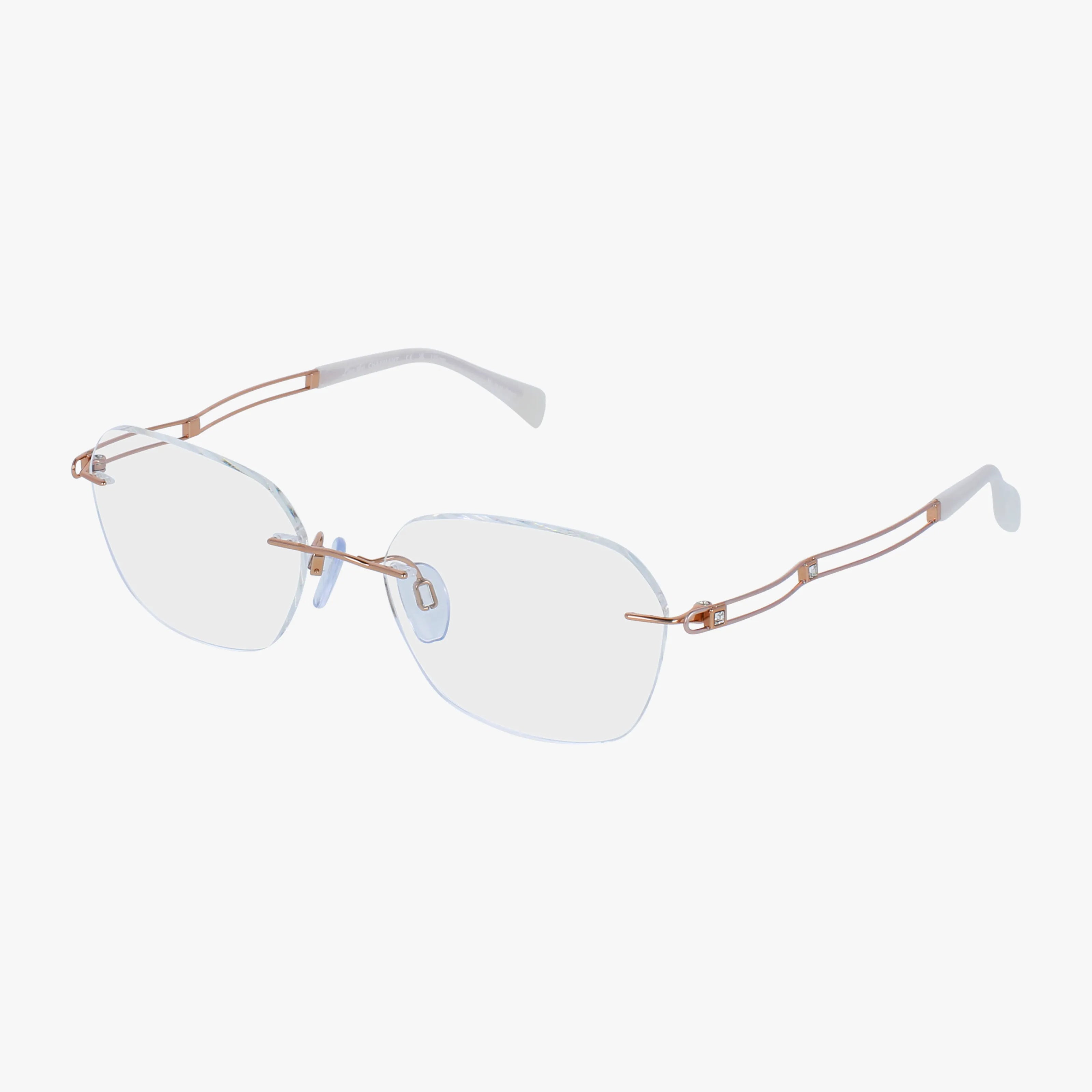 The XL2168 rimless eyeglasses feature thin rose gold metal arms and clear nose pads, offering distinct style and functionality against a plain white background.
