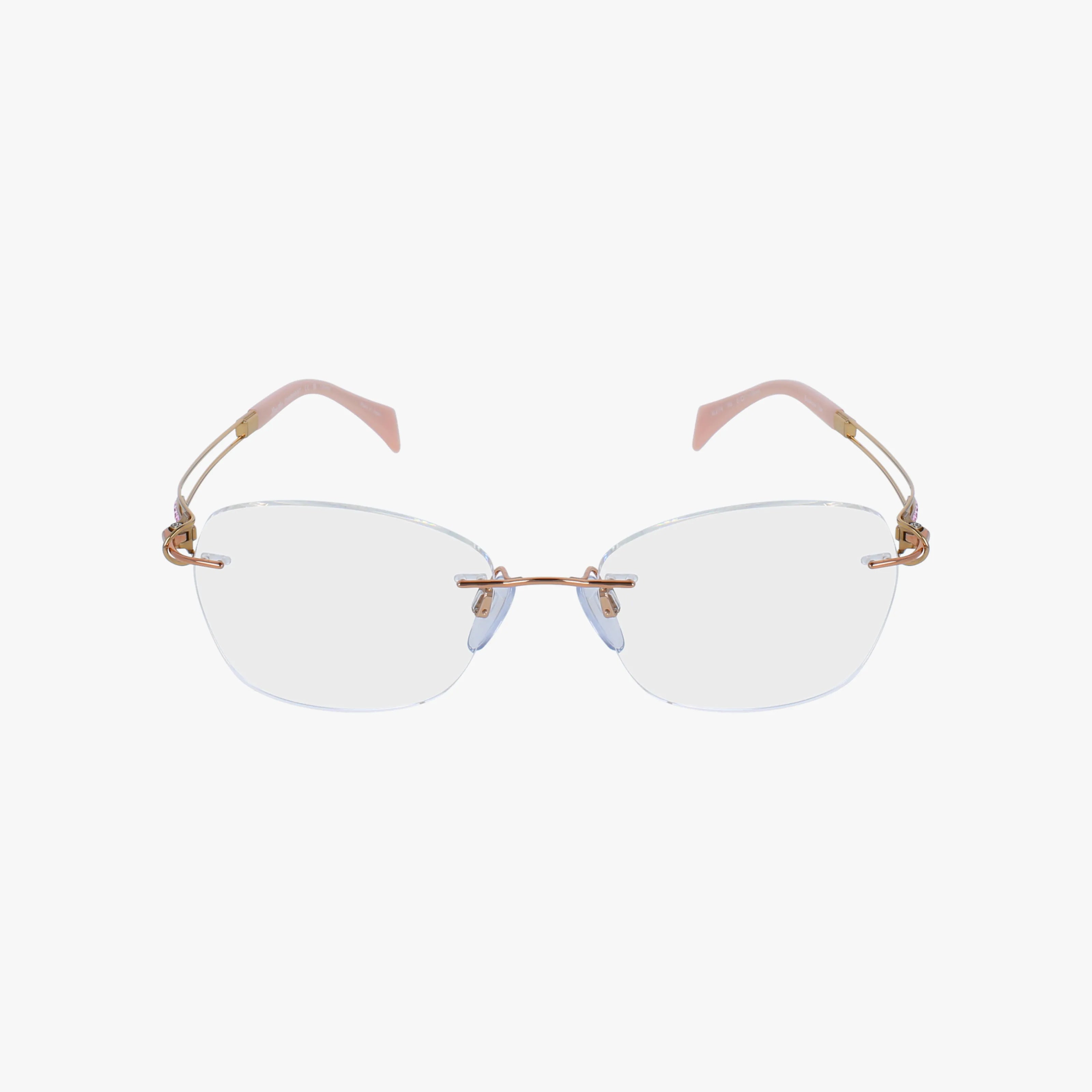 The XL2174 is a pair of rimless eyeglasses with a thin gold bridge and temples, pink temple tips, clear nose pads, and a minimalist frame, shown on a white background.