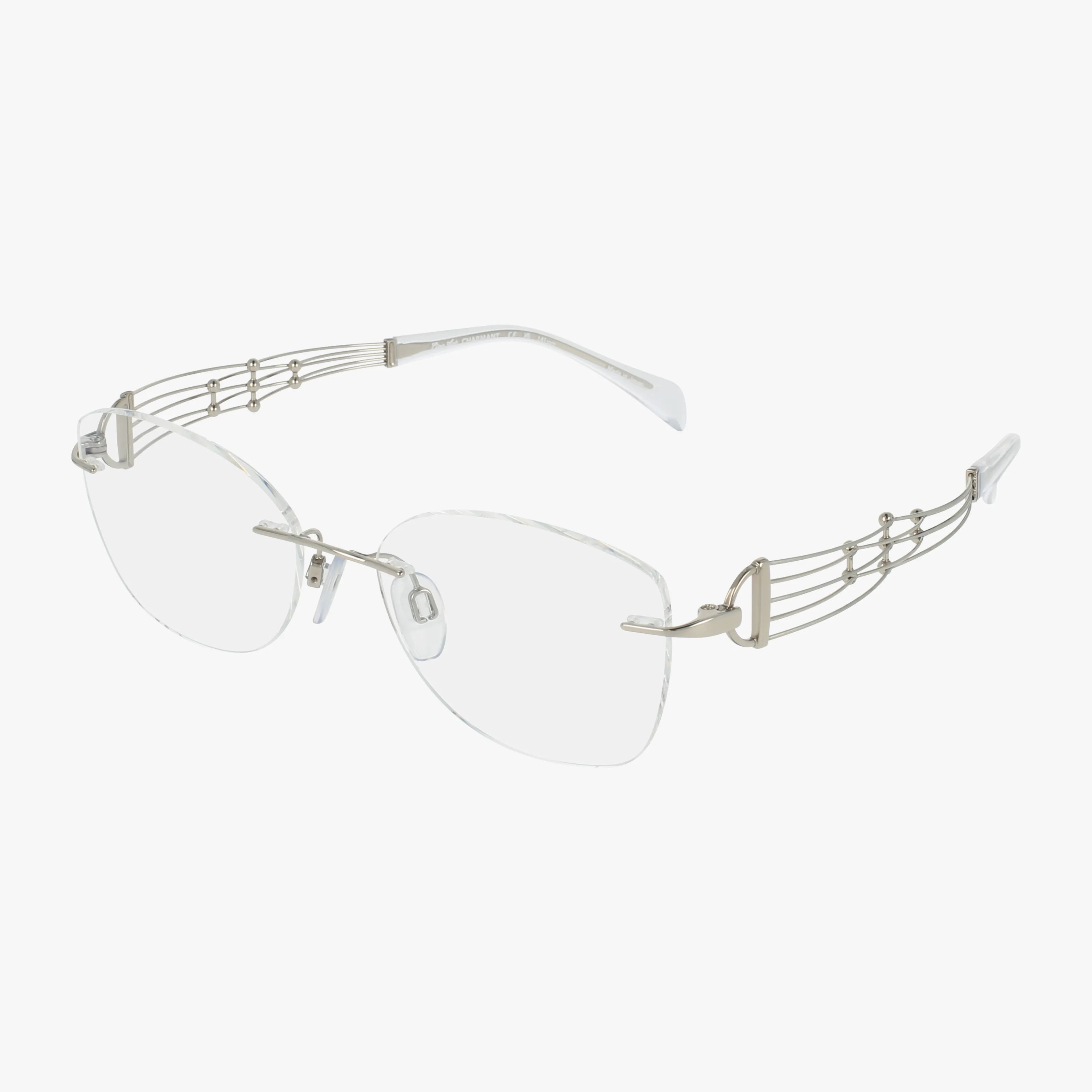 Model 2186 is a pair of rimless, lightweight glasses with silver metal arms featuring a musical staff and note design, curved temples, and adjustable nose pads, shown against a white background.