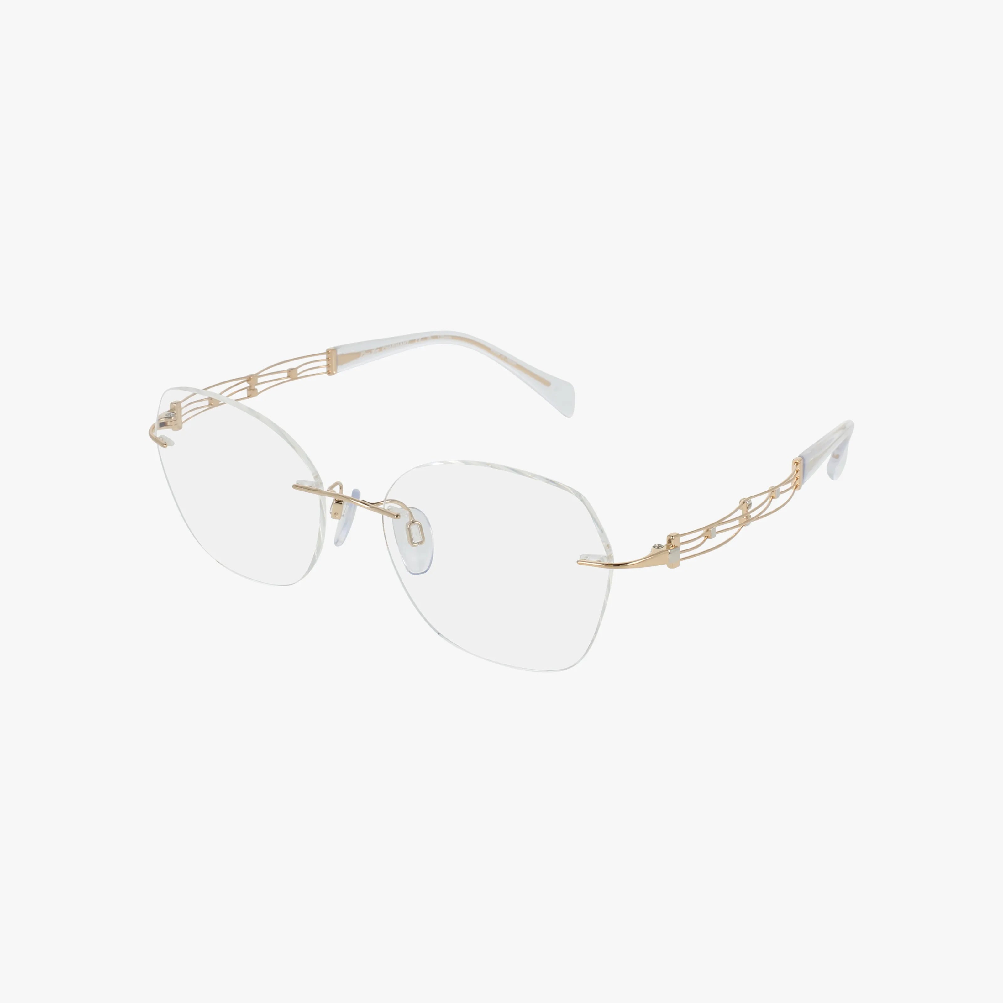 The 2188 rimless fashion eyewear features square clear lenses, gold-colored temples with a decorative design, durable frame, clear nose pads and earpieces—all displayed against a white background.