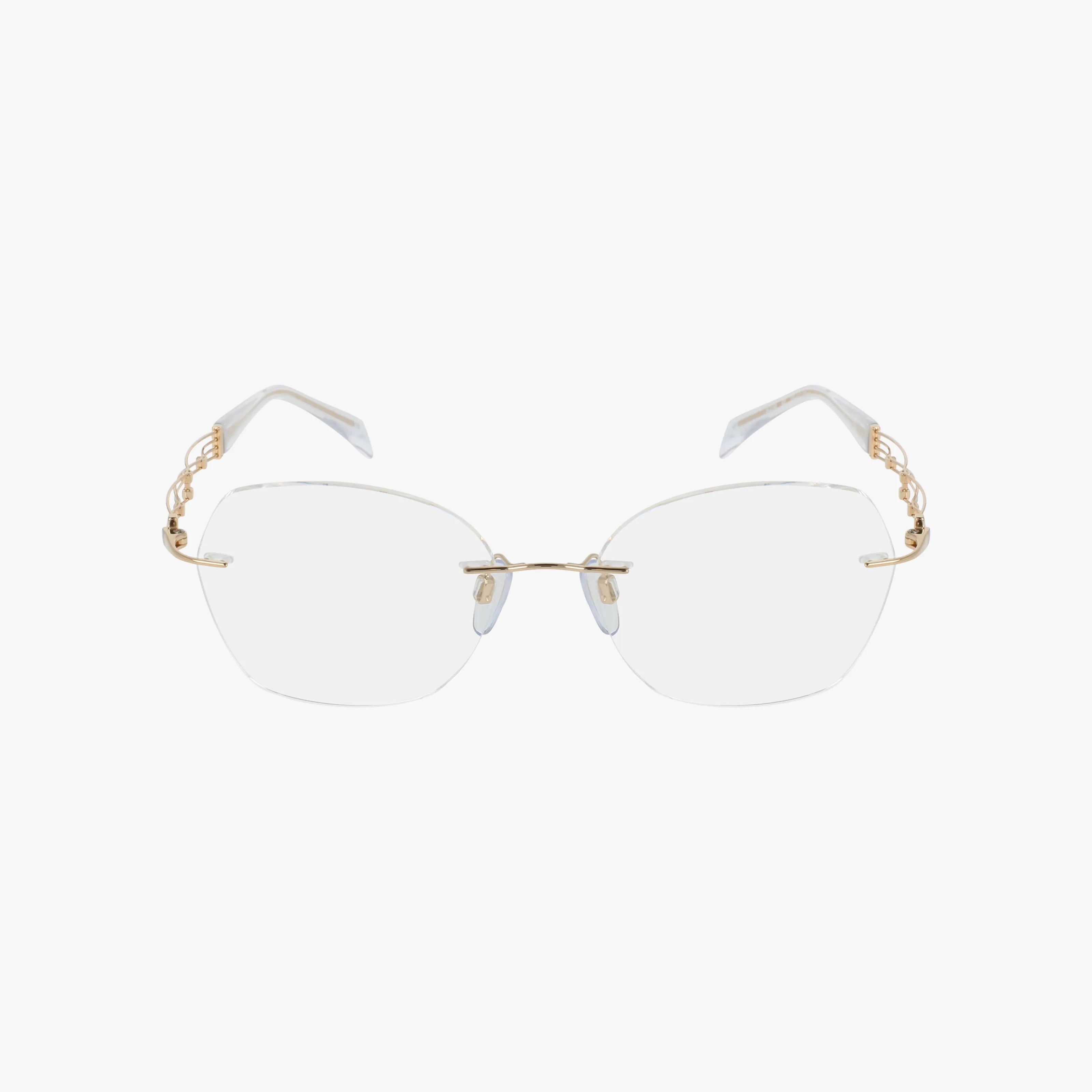 The 2188 rimless eyeglasses feature transparent lenses, gold metal temples, and clear plastic earpieces for a sleek fashion look, shown on a plain white background.