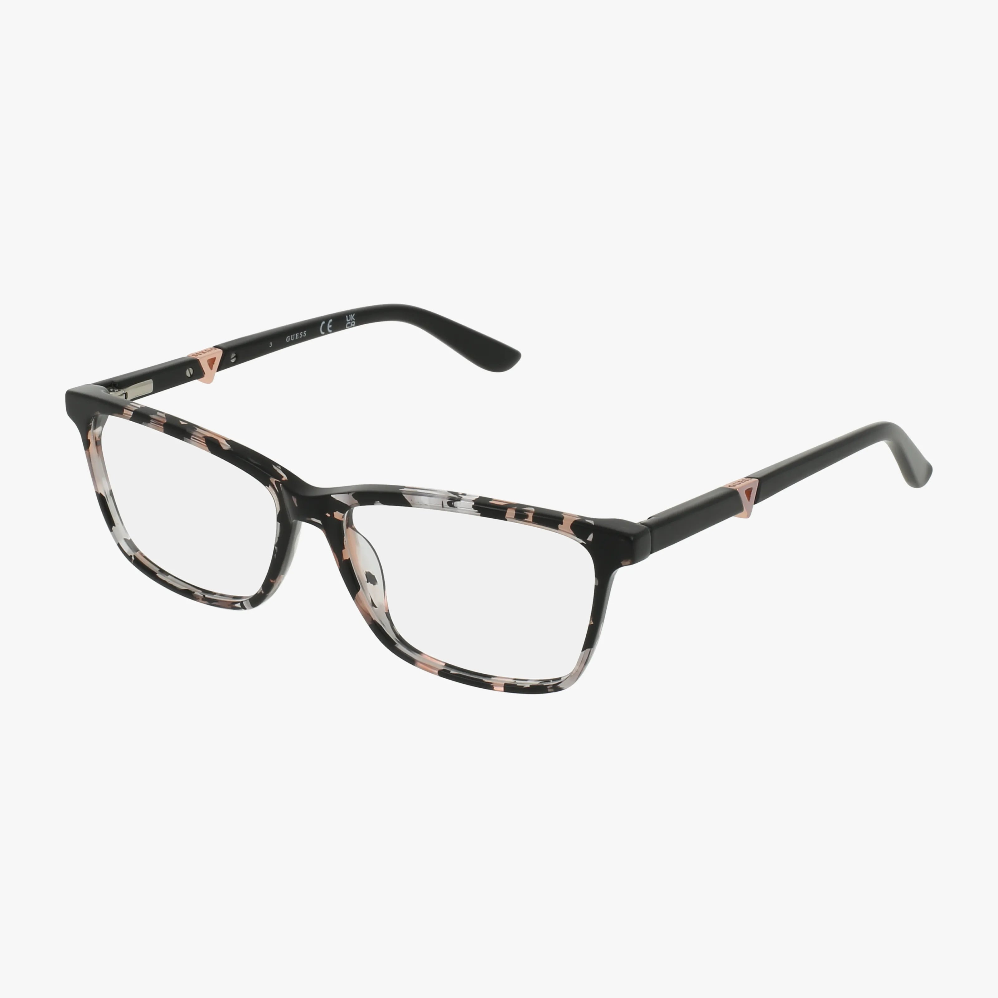 GU2731 rectangular eyeglasses by Guess feature a black and pink tortoiseshell patterned frame, clear lenses, and black arms. These lightweight glasses offer all-day comfort and are showcased against a white background.
