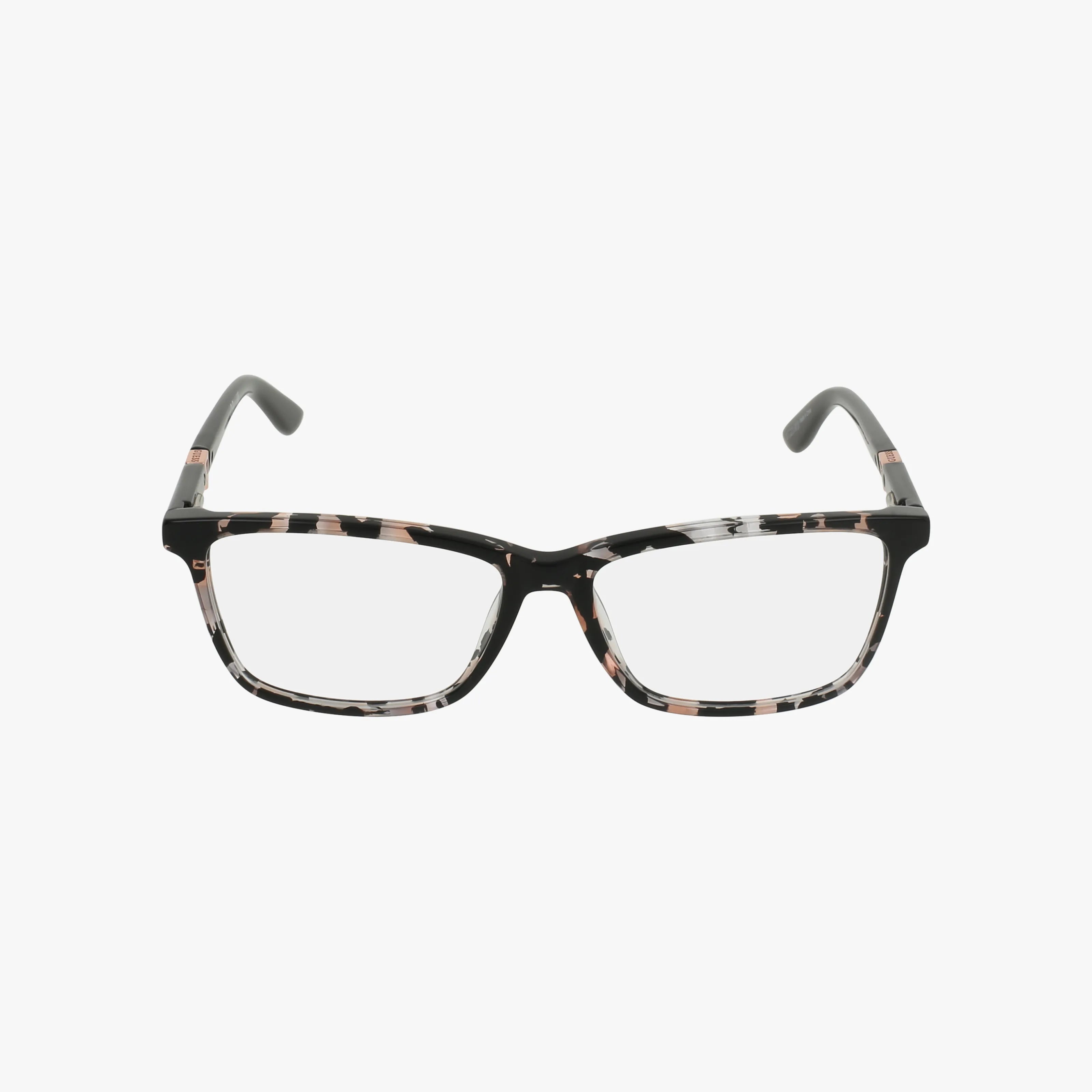 The GU2731 rectangular eyeglasses feature a lightweight Guess frame with a black, brown, and light beige tortoiseshell pattern, shown on a white background.