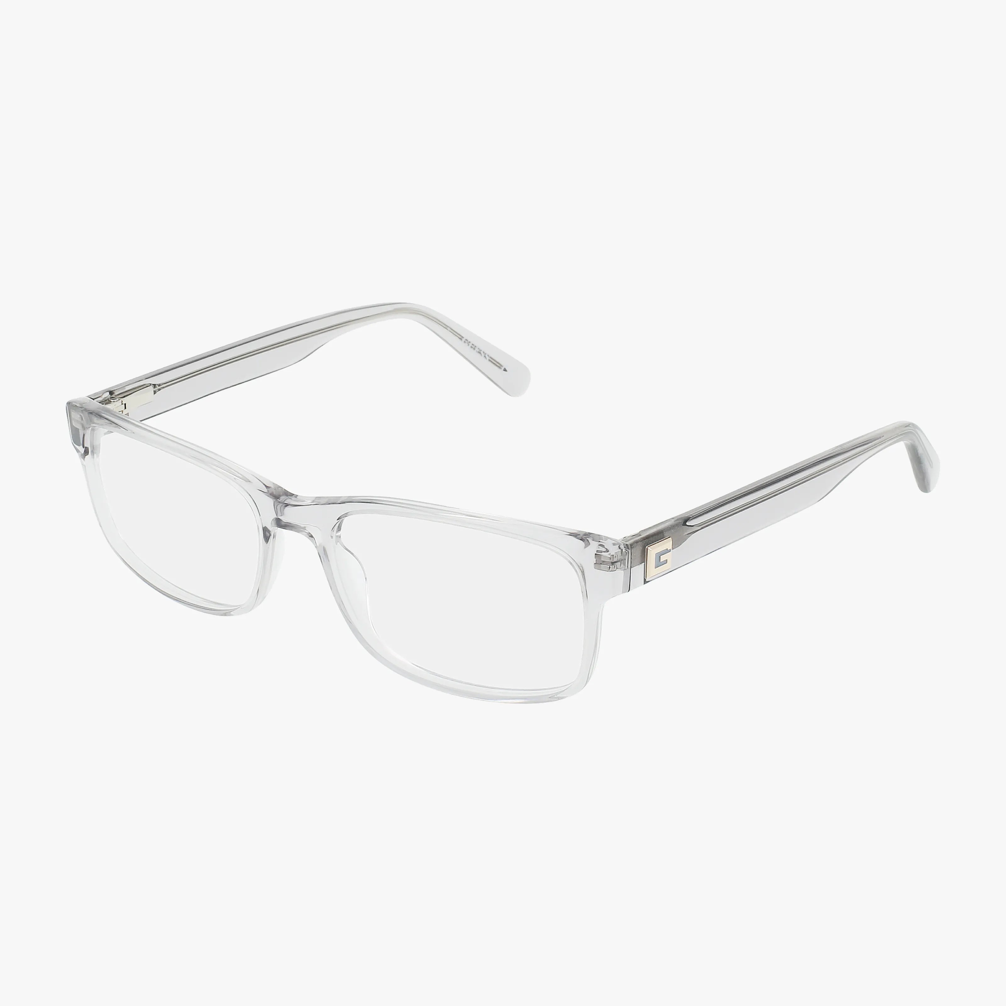 The GU1993 eyeglasses feature clear rectangular lenses, a sturdy frame with transparent plastic temples, and a subtle metallic G accent on the sides. Set against a plain white background.