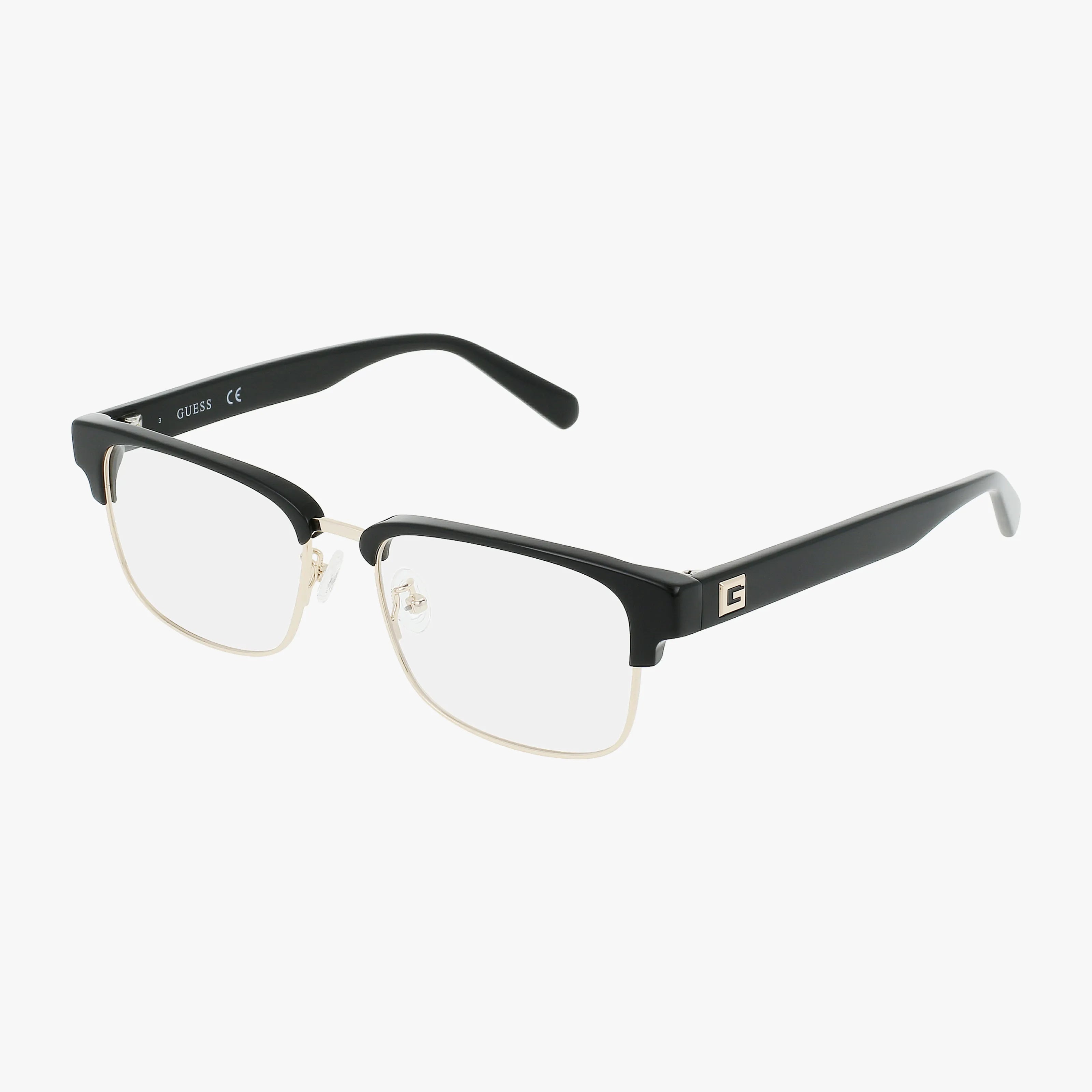 The GU50007D rectangular eyeglasses feature chic black upper frames and temples, gold accents on the bridge and lower rims, plus a small gold G logo on the temple sides.