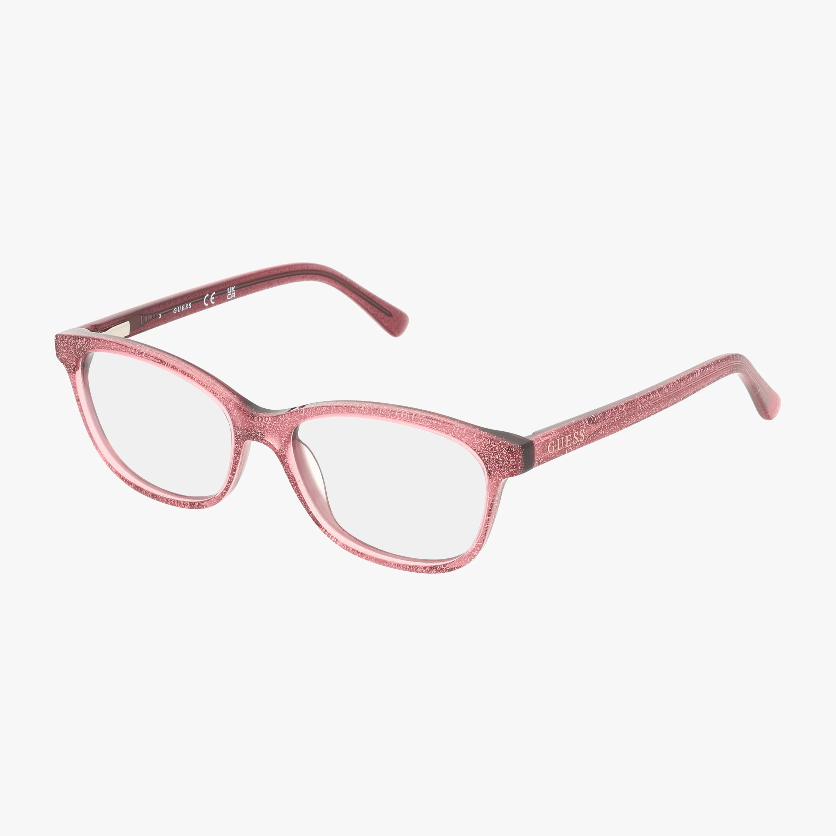 The GU9191 eyeglasses feature pink glittery oval frames, transparent lenses, and gently curved arms—ideal for a smart look at school. Shown on a white background.