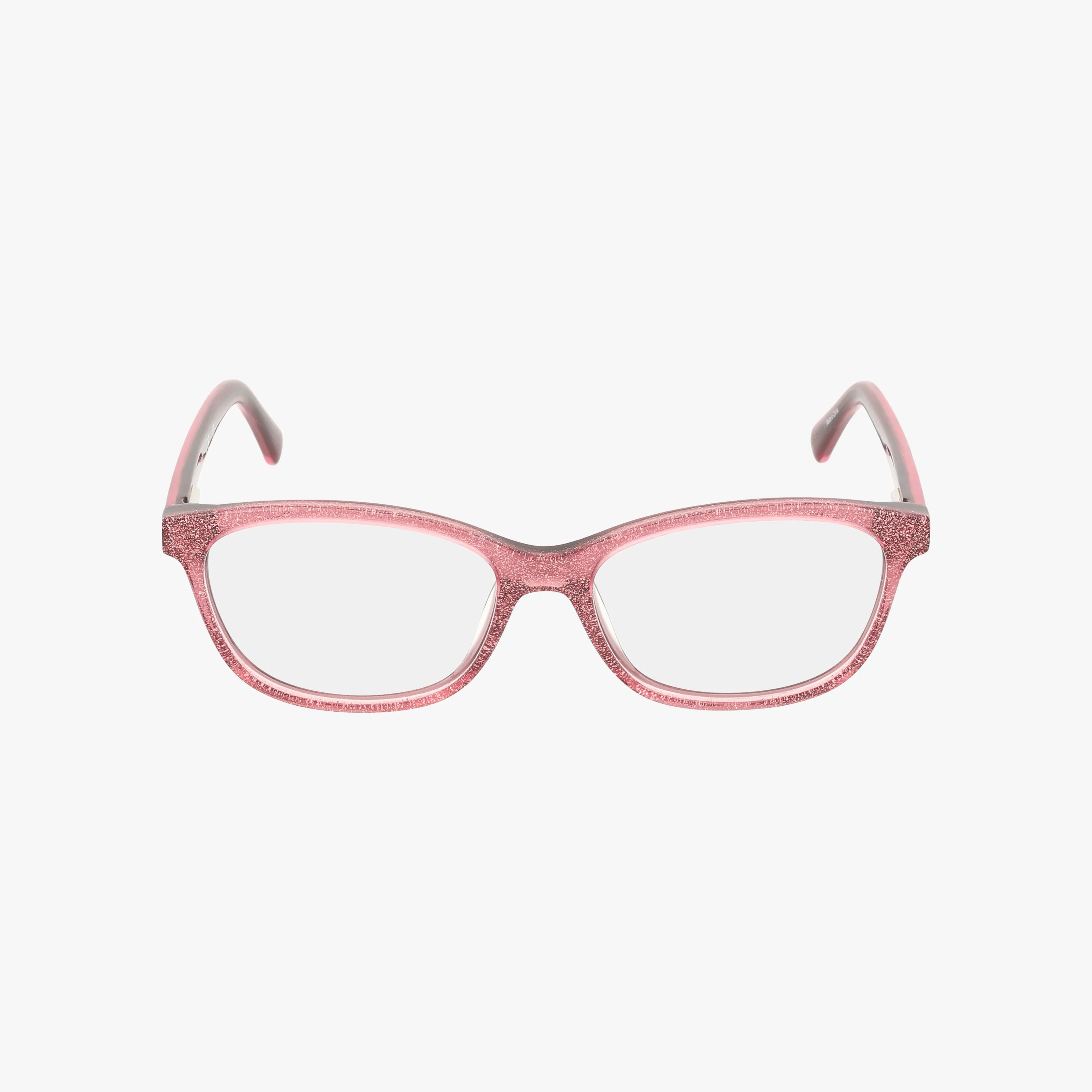 Front view of GU9191 pink glittery eyeglasses featuring rectangular lenses and gently curved temples, ideal for a smart look at school, displayed on a plain white background.