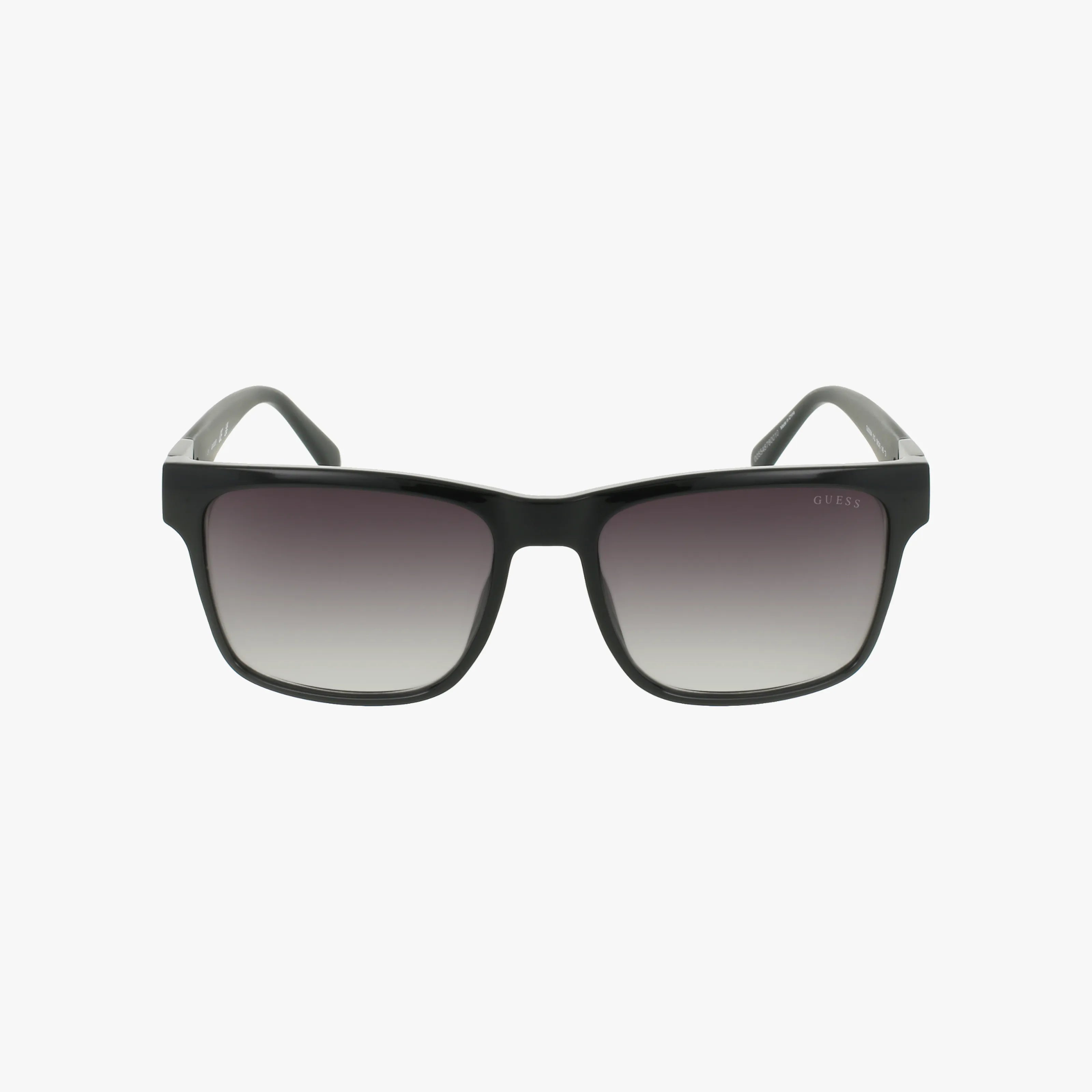 Front view of GU00004S black square-framed sunglasses with dark gradient lenses, set against a plain white background—ideal eyewear choice for online shoppers.