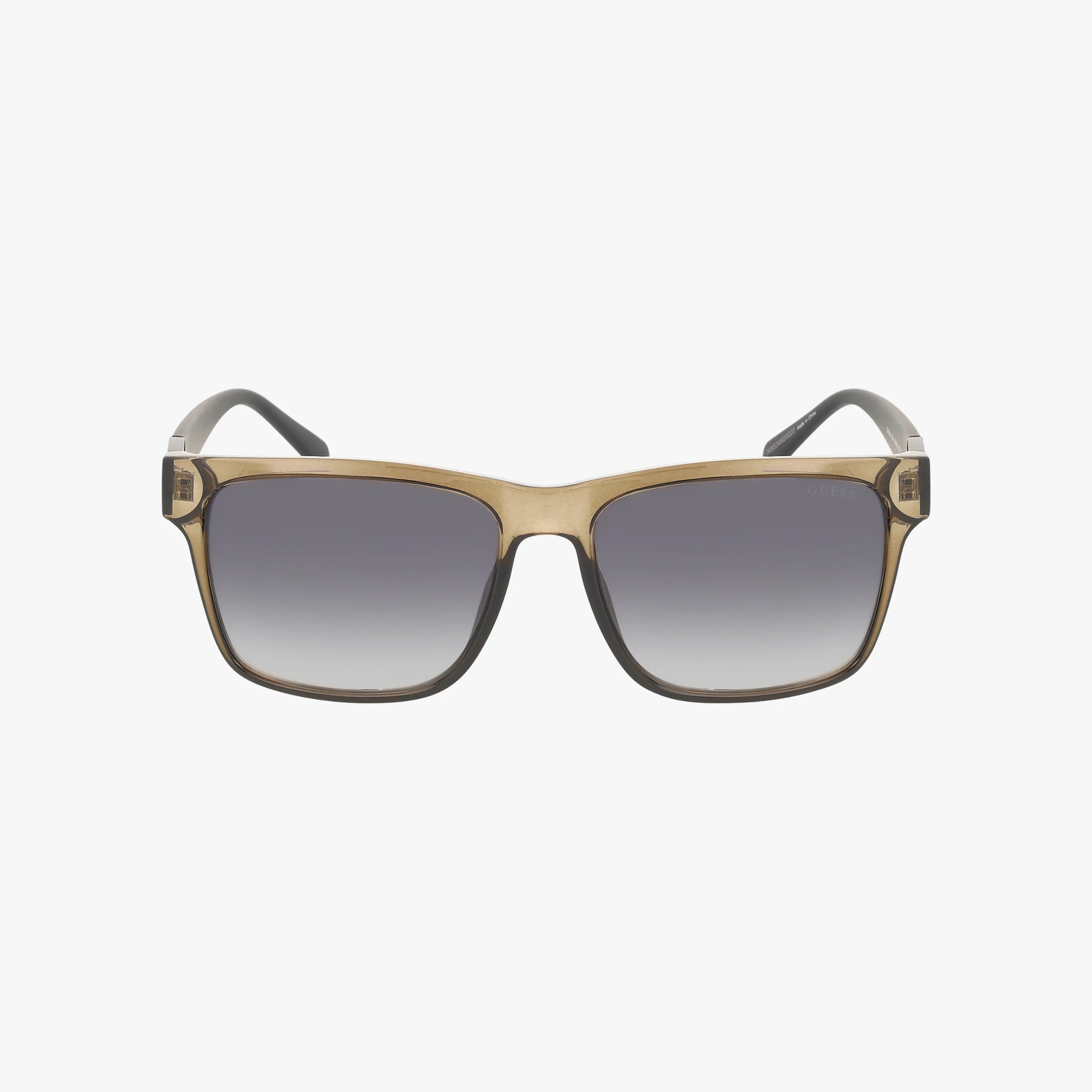 GU00004S square-shaped sunglasses feature brown translucent frames, dark gradient lenses, and black arms—stylish eyewear ideal for online shopping. Displayed on a plain white background.