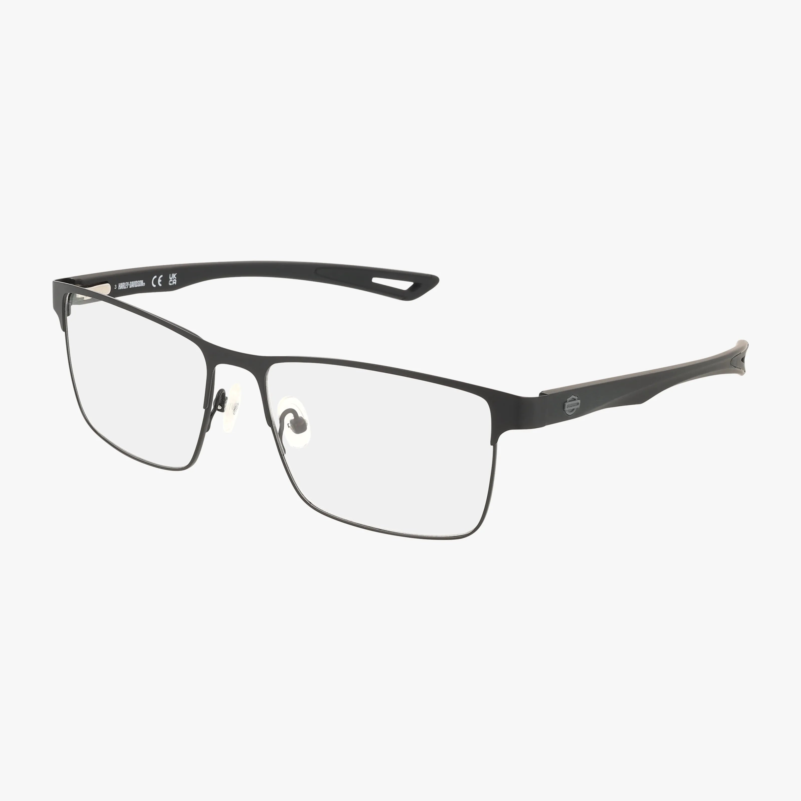 The HD880 features black rectangular eyeglasses with thin gunmetal frames, clear lenses, adjustable nose pads, and subtly curved arms in an elegant matte finish, shown on a white background.