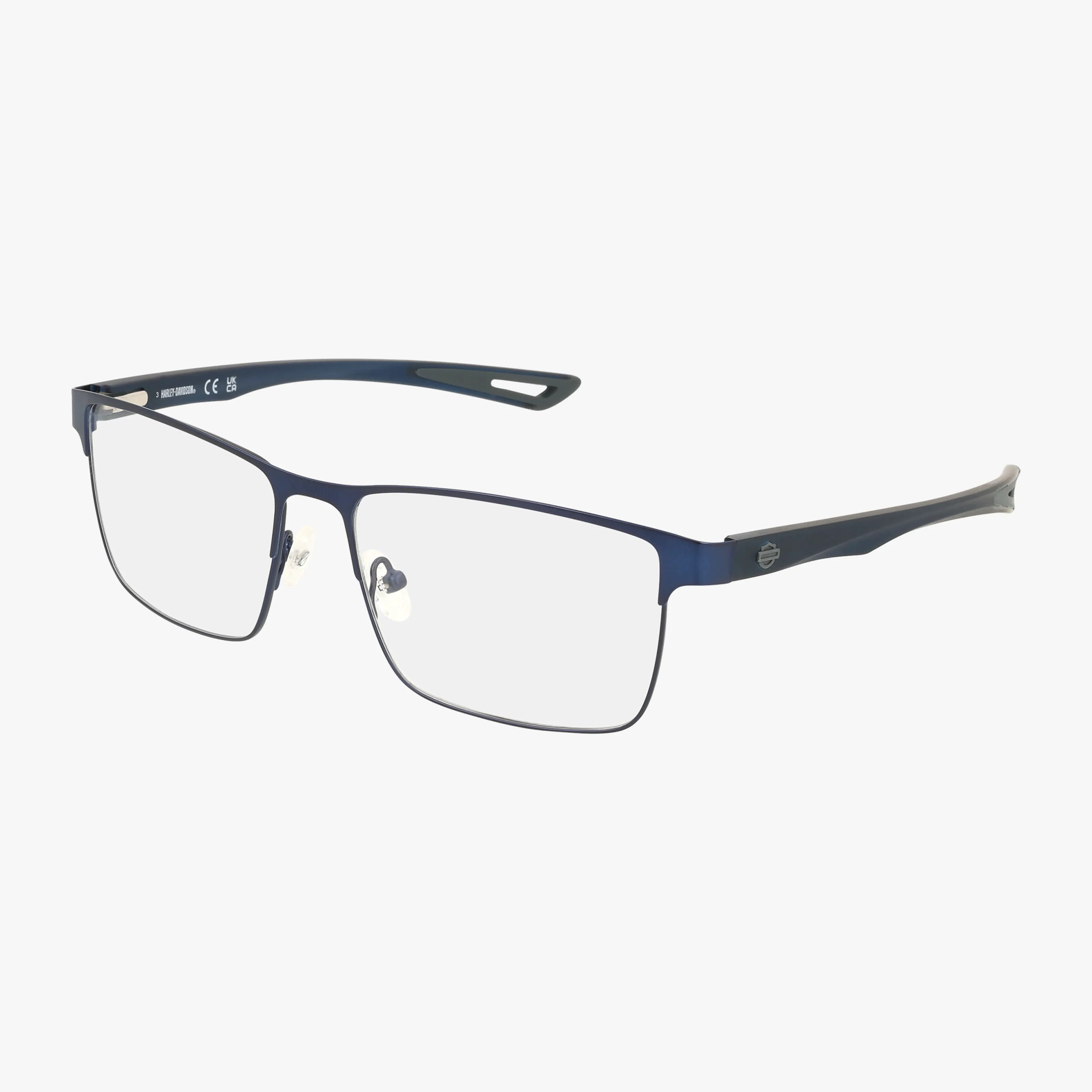 HD880 rectangular eyeglasses feature thin gunmetal matte metal frames, clear lenses, dark temples with subtle details, and transparent nose pads. Displayed on a white background.