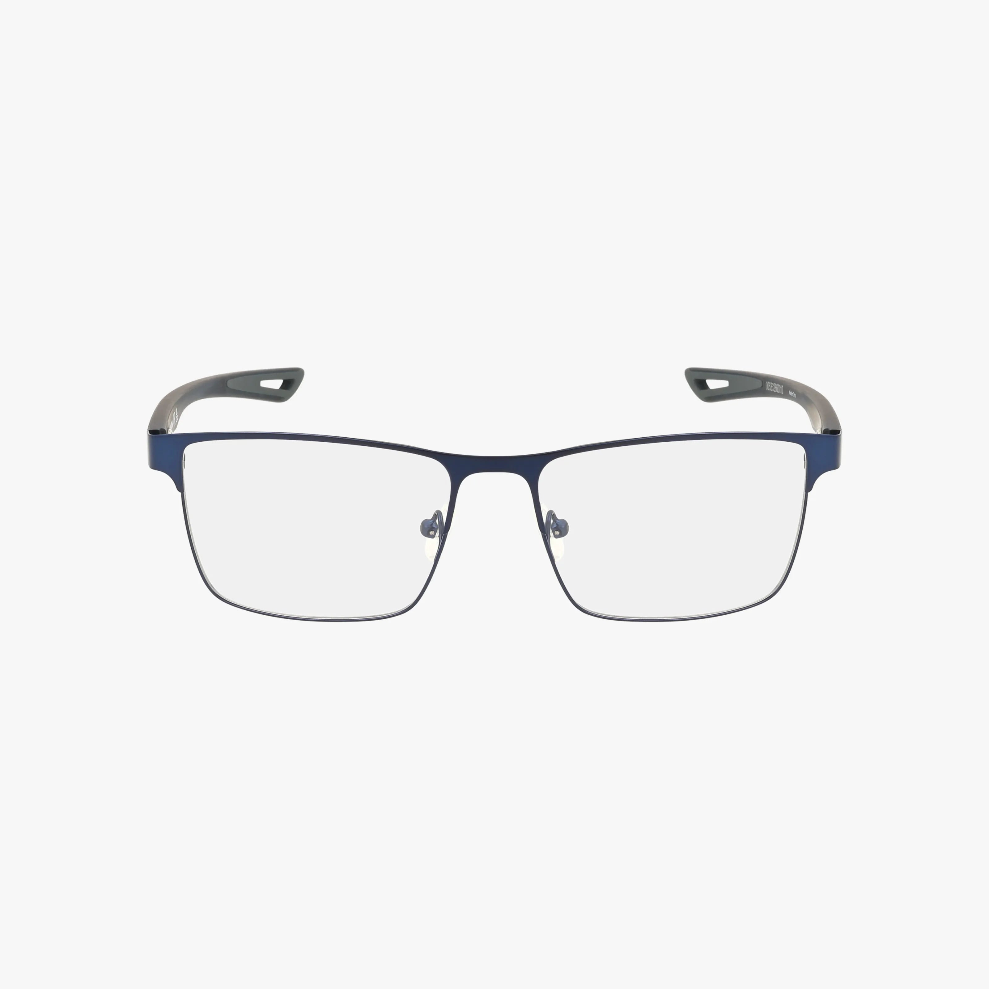 The HD880 features rectangular clear lenses, thin gunmetal and dark blue metal frames, adjustable nose pads, and slightly curved gray-black temples. These eyeglasses are shown against a white background.