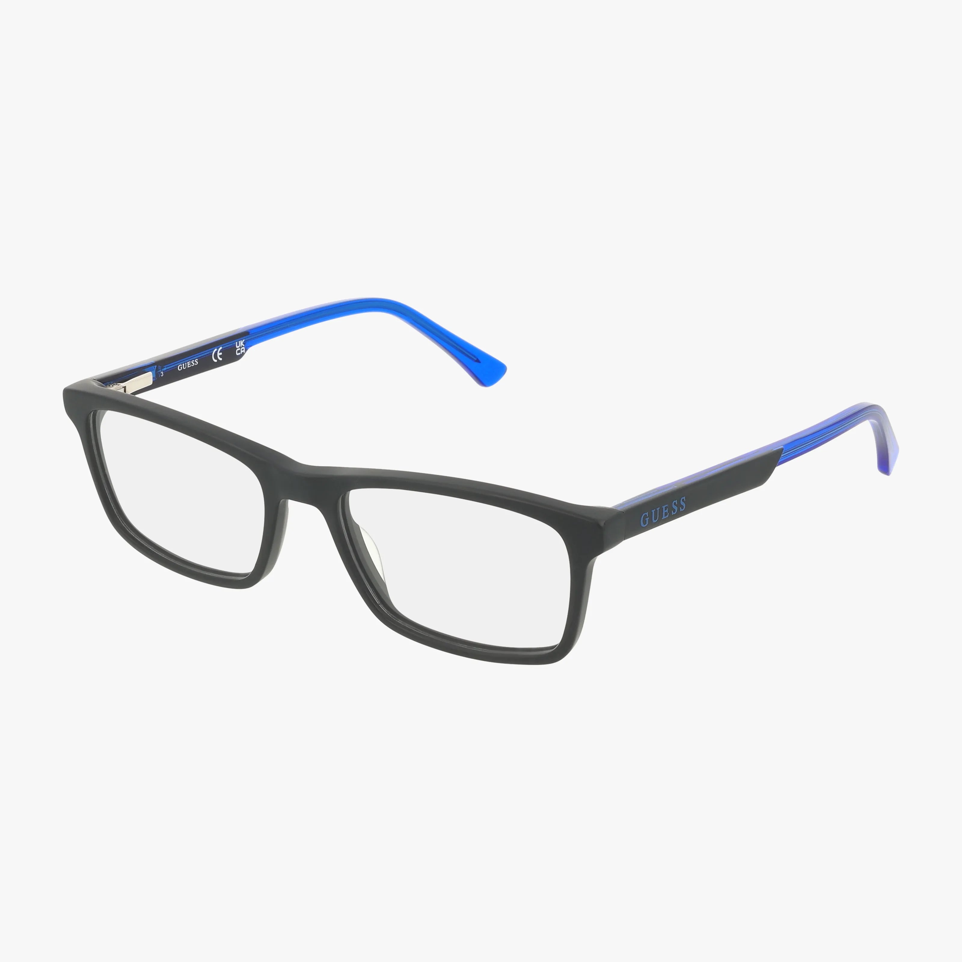 Rectangular black GU9206 eyeglasses with blue temples and clear lenses, displayed on a white background. The “Guess” logo is visible on the side, offering standout style for those aiming to be Head of the Class.